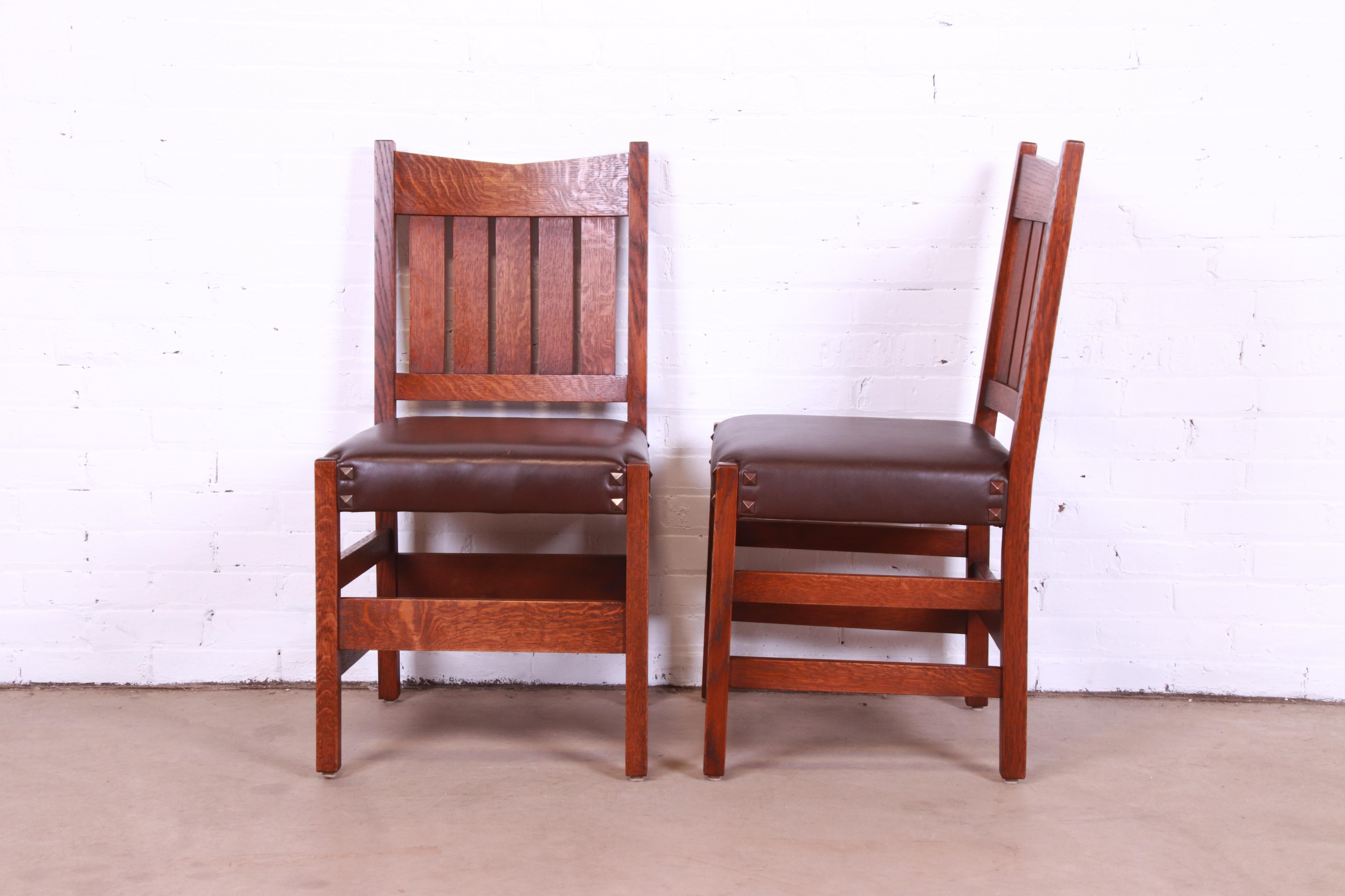 Gustav Stickley V-Back Oak and Leather Dining Chairs by Warren Hile Studio 3