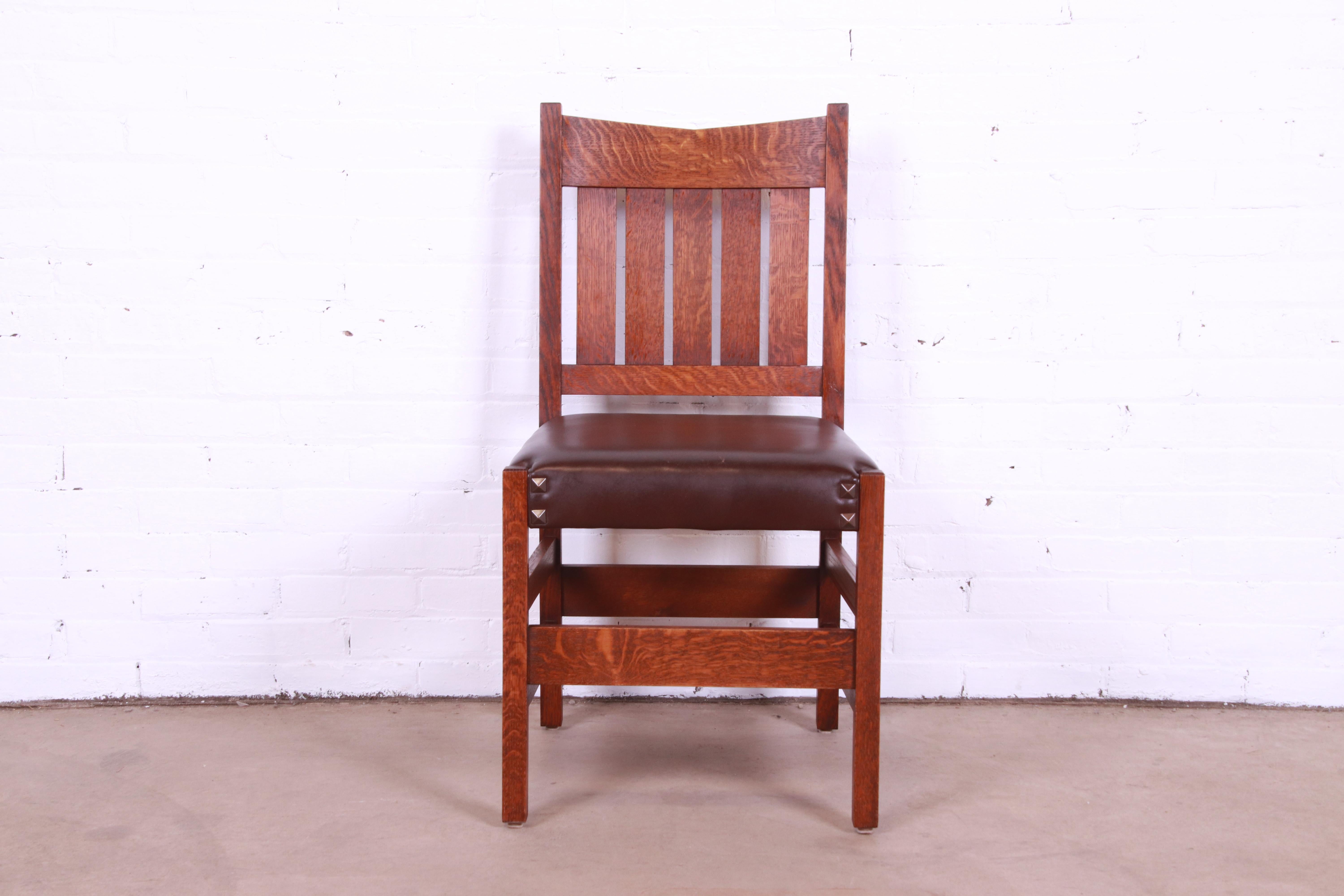 Gustav Stickley V-Back Oak and Leather Dining Chairs by Warren Hile Studio 4
