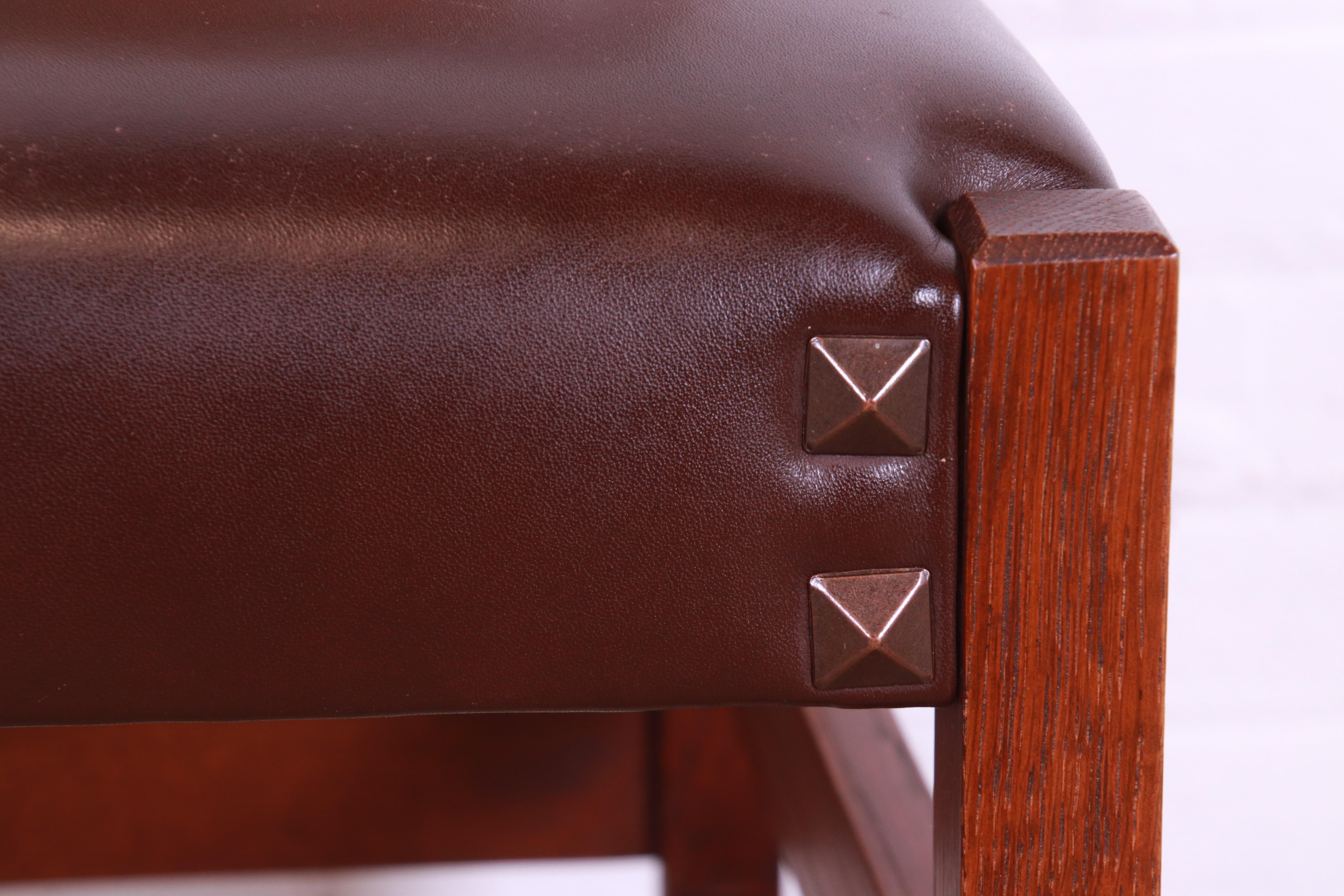 Gustav Stickley V-Back Oak and Leather Dining Chairs by Warren Hile Studio 6