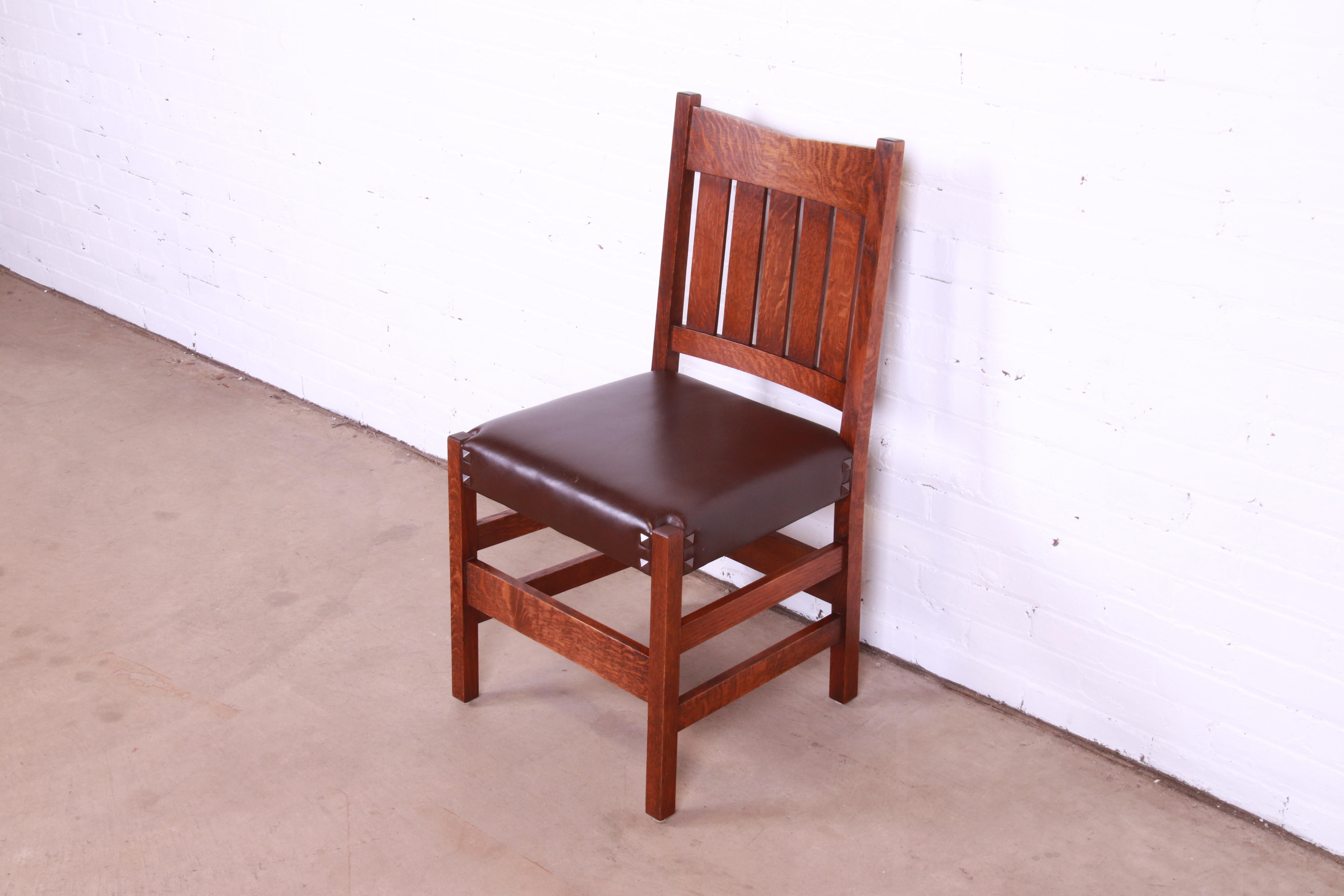 Gustav Stickley V-Back Oak and Leather Dining Chairs by Warren Hile Studio 7