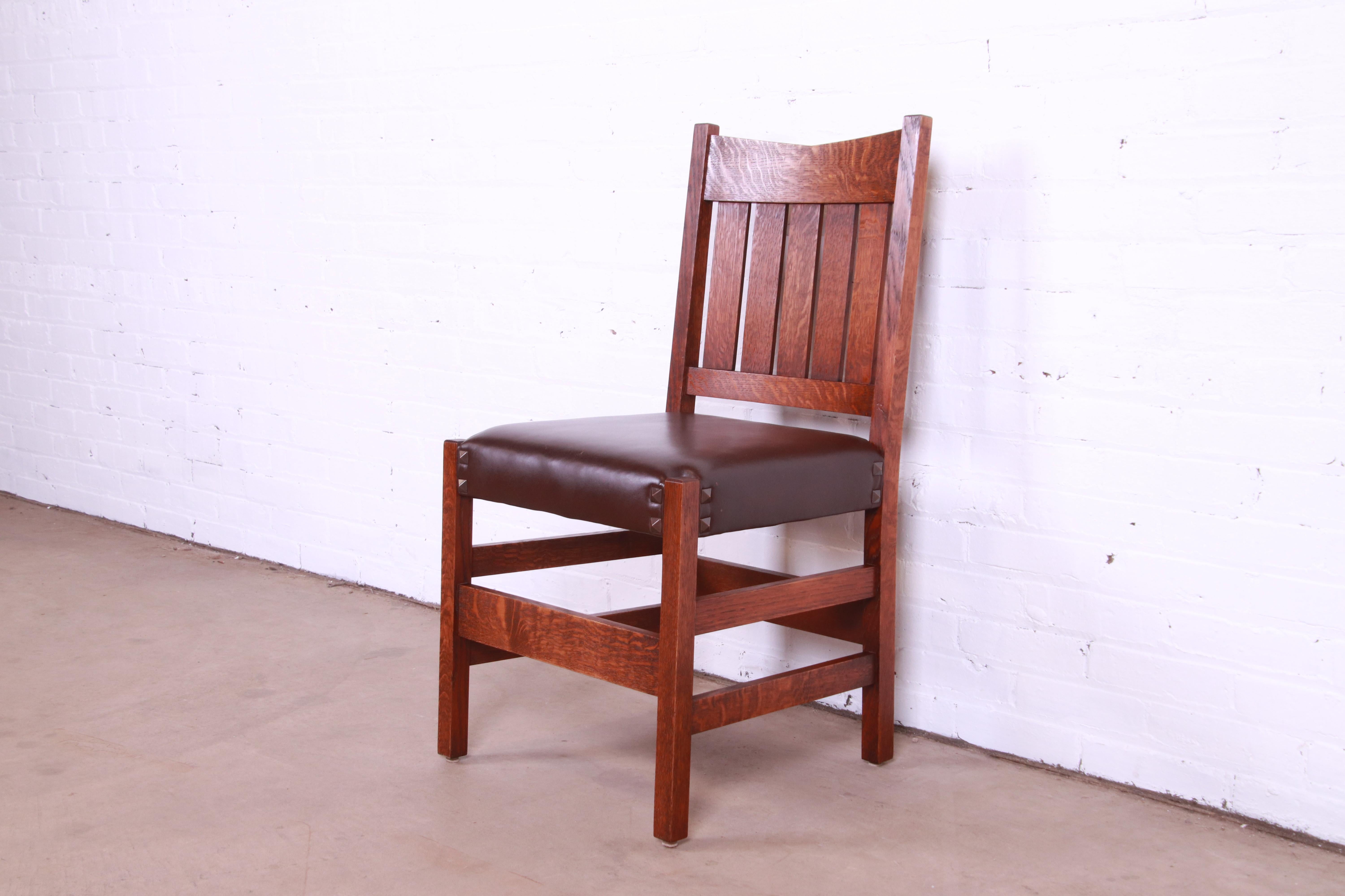 Gustav Stickley V-Back Oak and Leather Dining Chairs by Warren Hile Studio 8