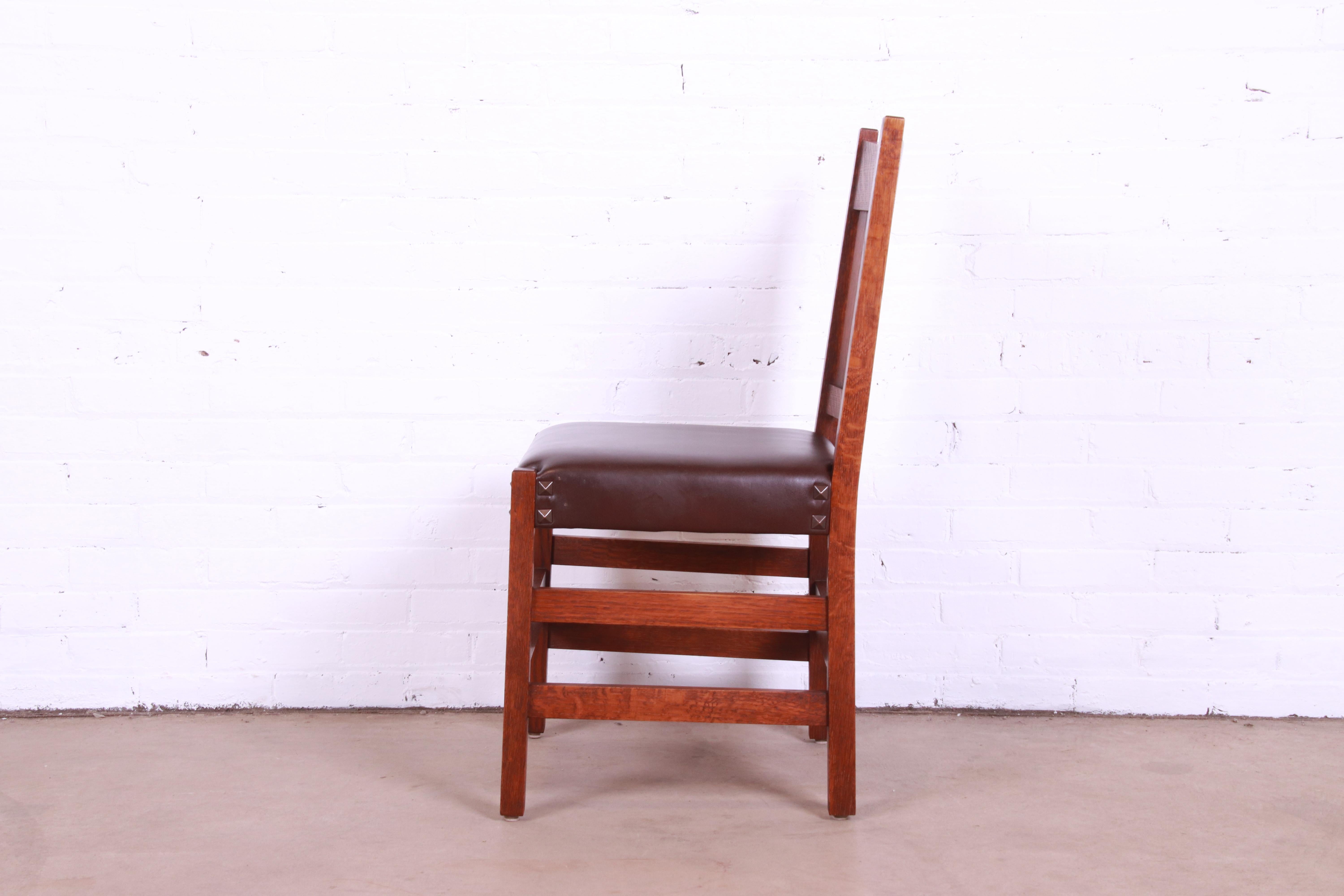 Gustav Stickley V-Back Oak and Leather Dining Chairs by Warren Hile Studio 9