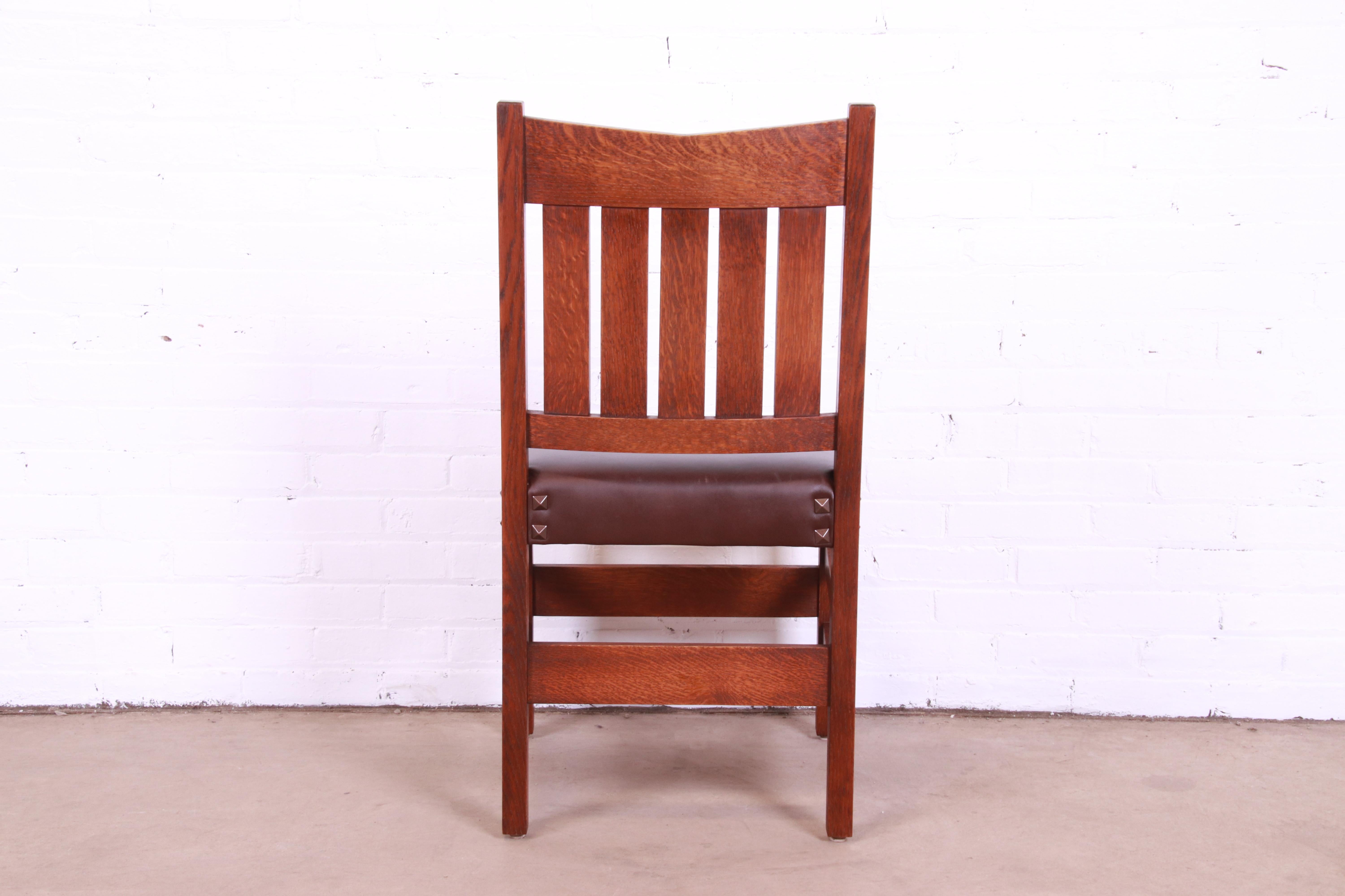 Gustav Stickley V-Back Oak and Leather Dining Chairs by Warren Hile Studio 10