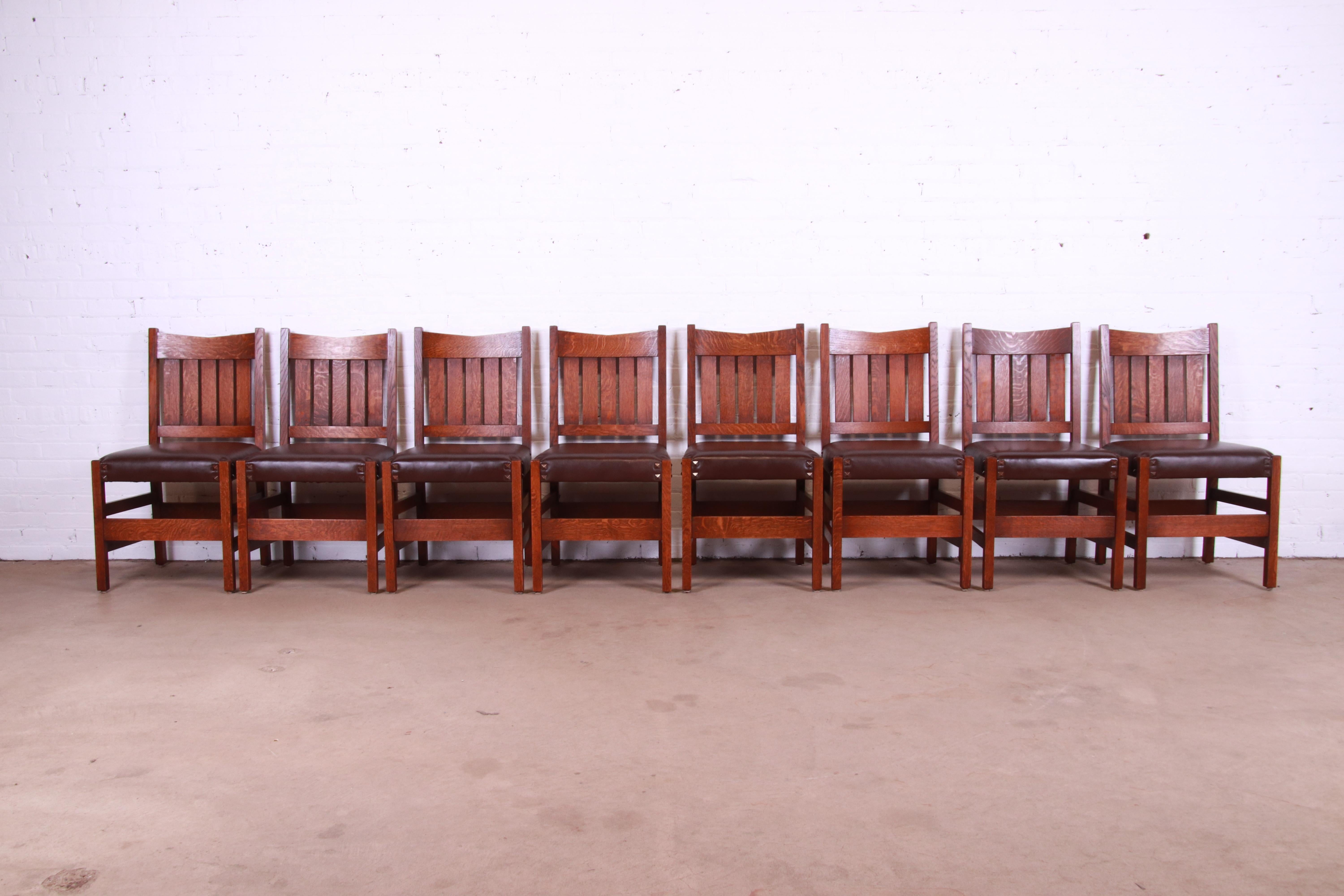 Arts and Crafts Gustav Stickley V-Back Oak and Leather Dining Chairs by Warren Hile Studio