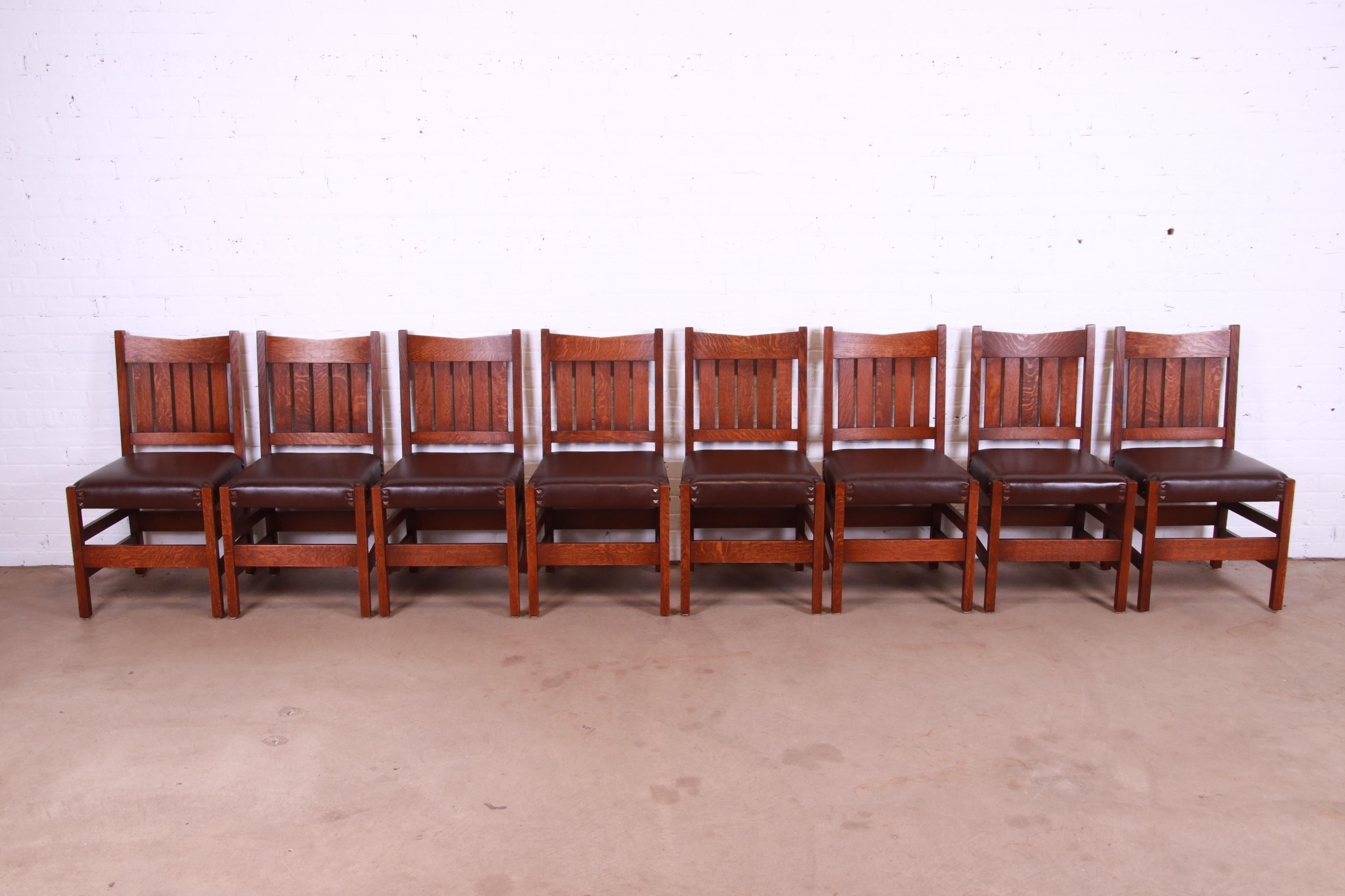 American Gustav Stickley V-Back Oak and Leather Dining Chairs by Warren Hile Studio