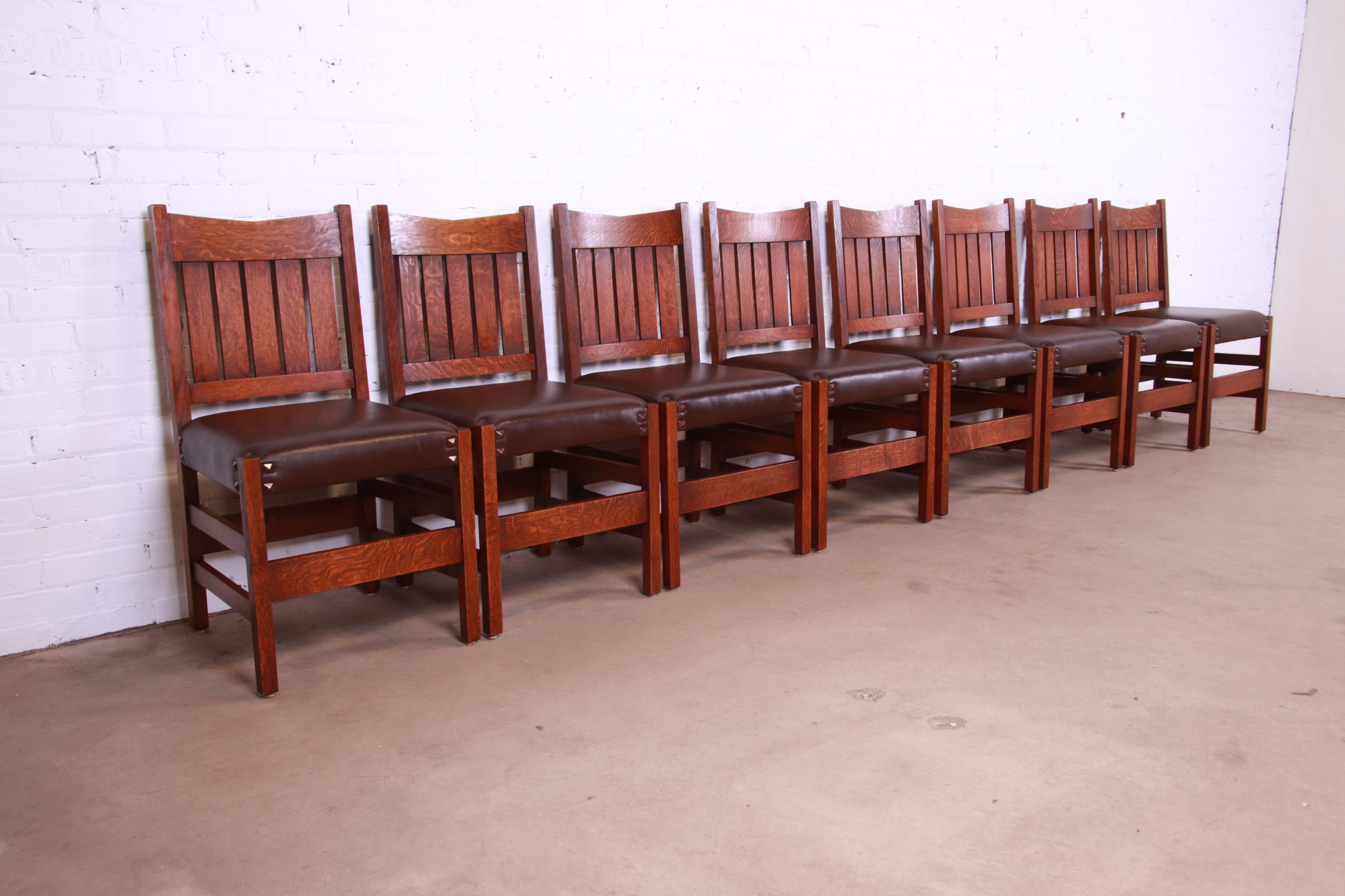 20th Century Gustav Stickley V-Back Oak and Leather Dining Chairs by Warren Hile Studio
