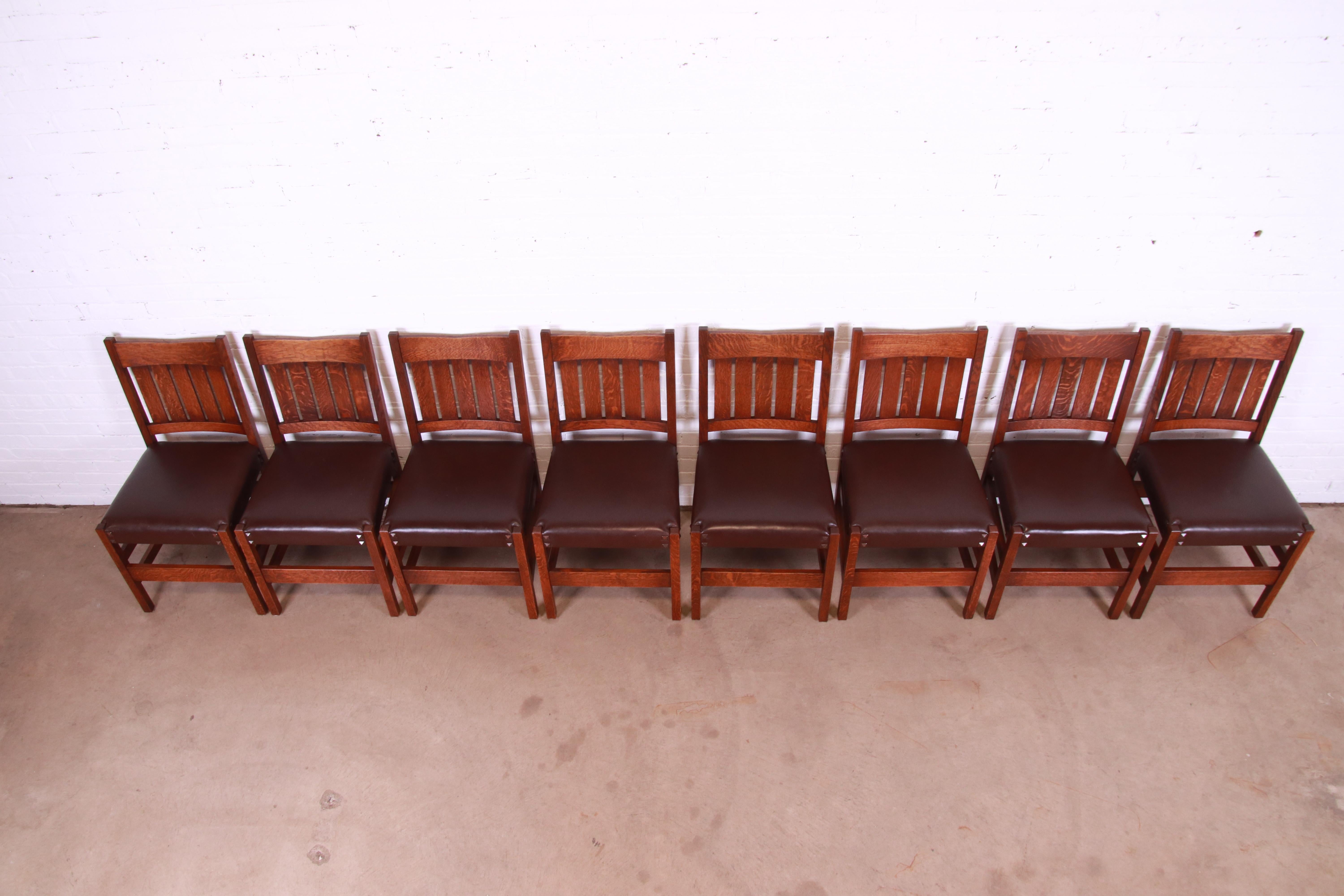 Gustav Stickley V-Back Oak and Leather Dining Chairs by Warren Hile Studio 1