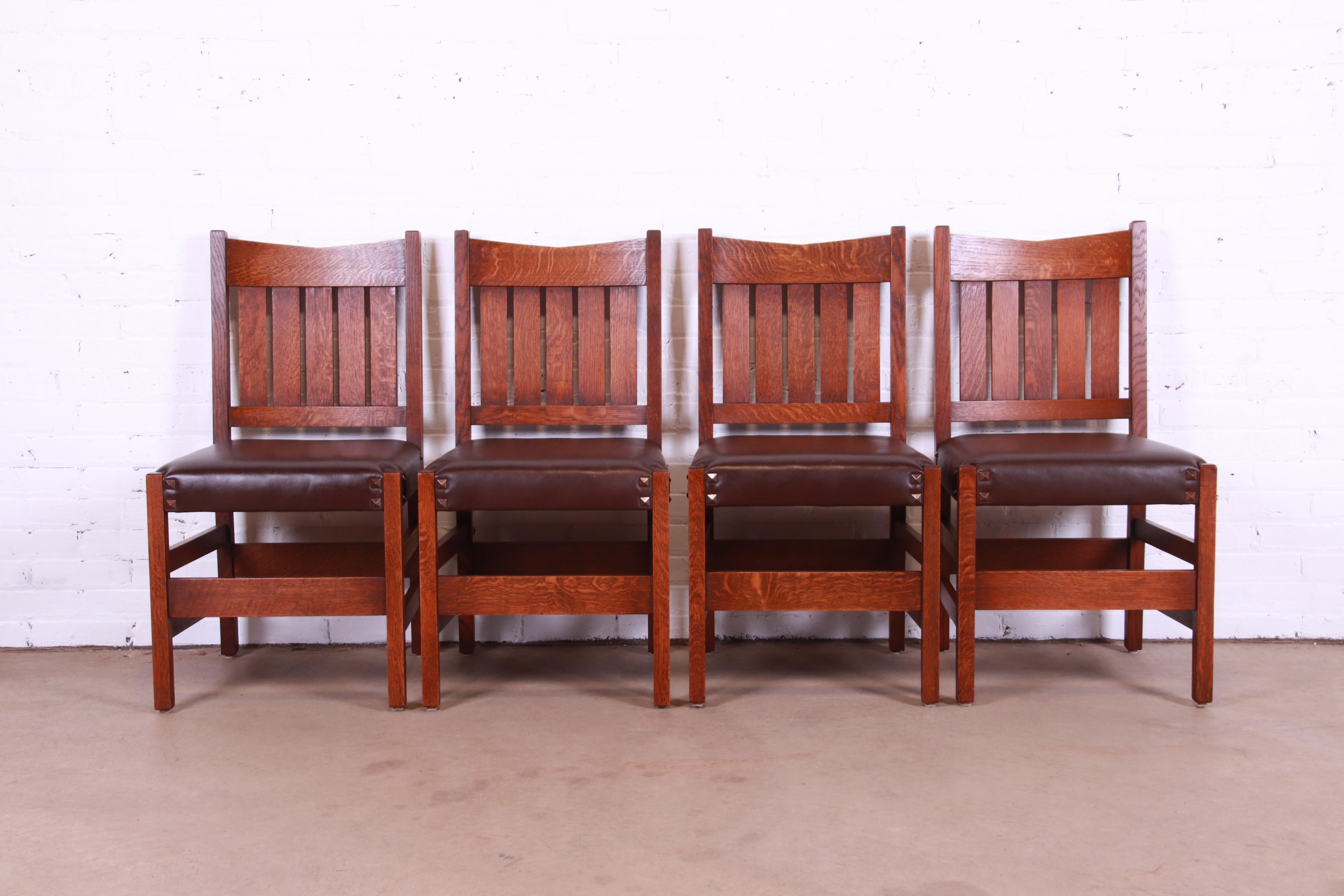 Gustav Stickley V-Back Oak and Leather Dining Chairs by Warren Hile Studio 2