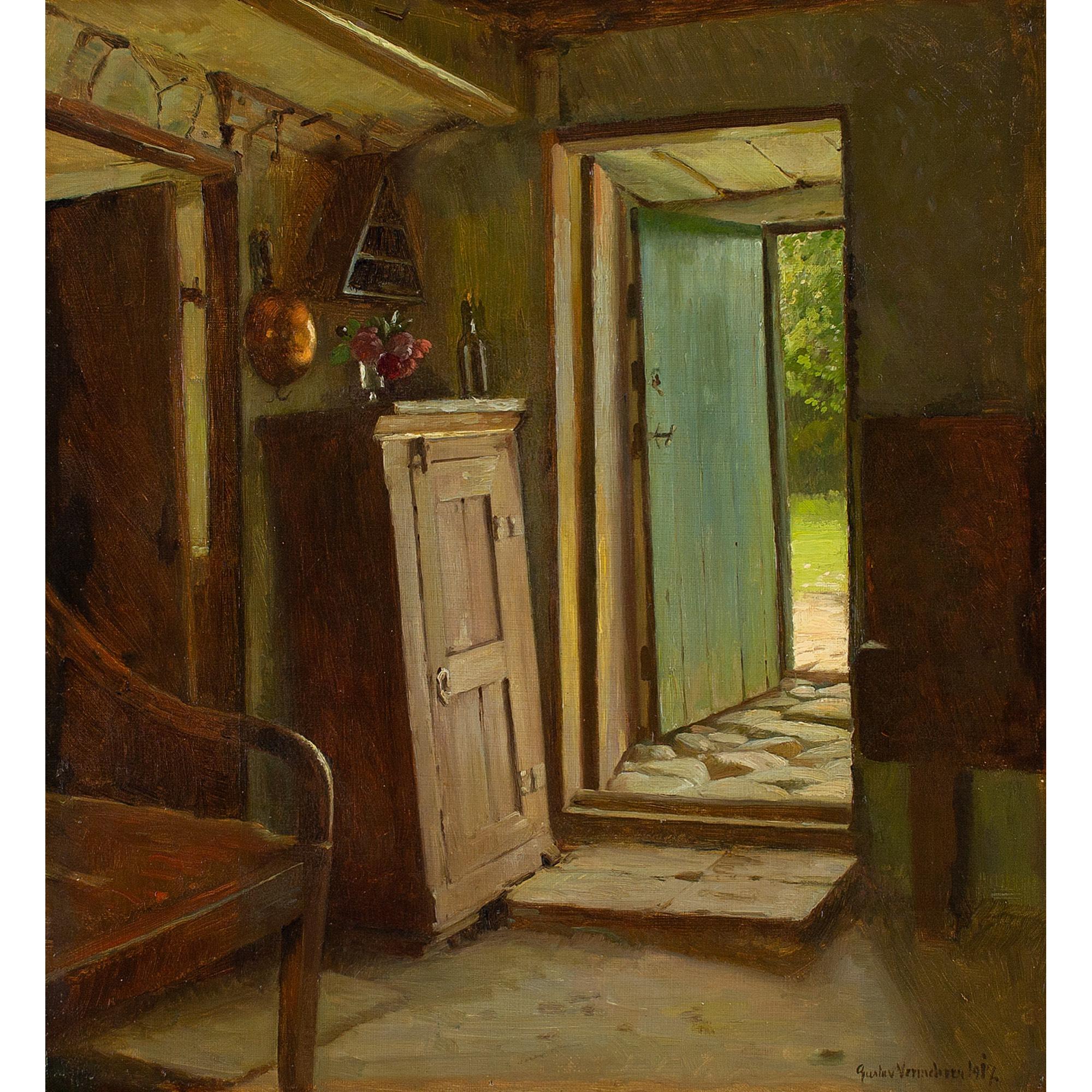 This early 20th-century oil painting by Danish artist Gustav Vermehren (1863-1931) depicts a rustic cottage interior with an open door and cupboard.

Leaning somewhat precariously on the edge of a wooden step, a cupboard catches the light. A bottle