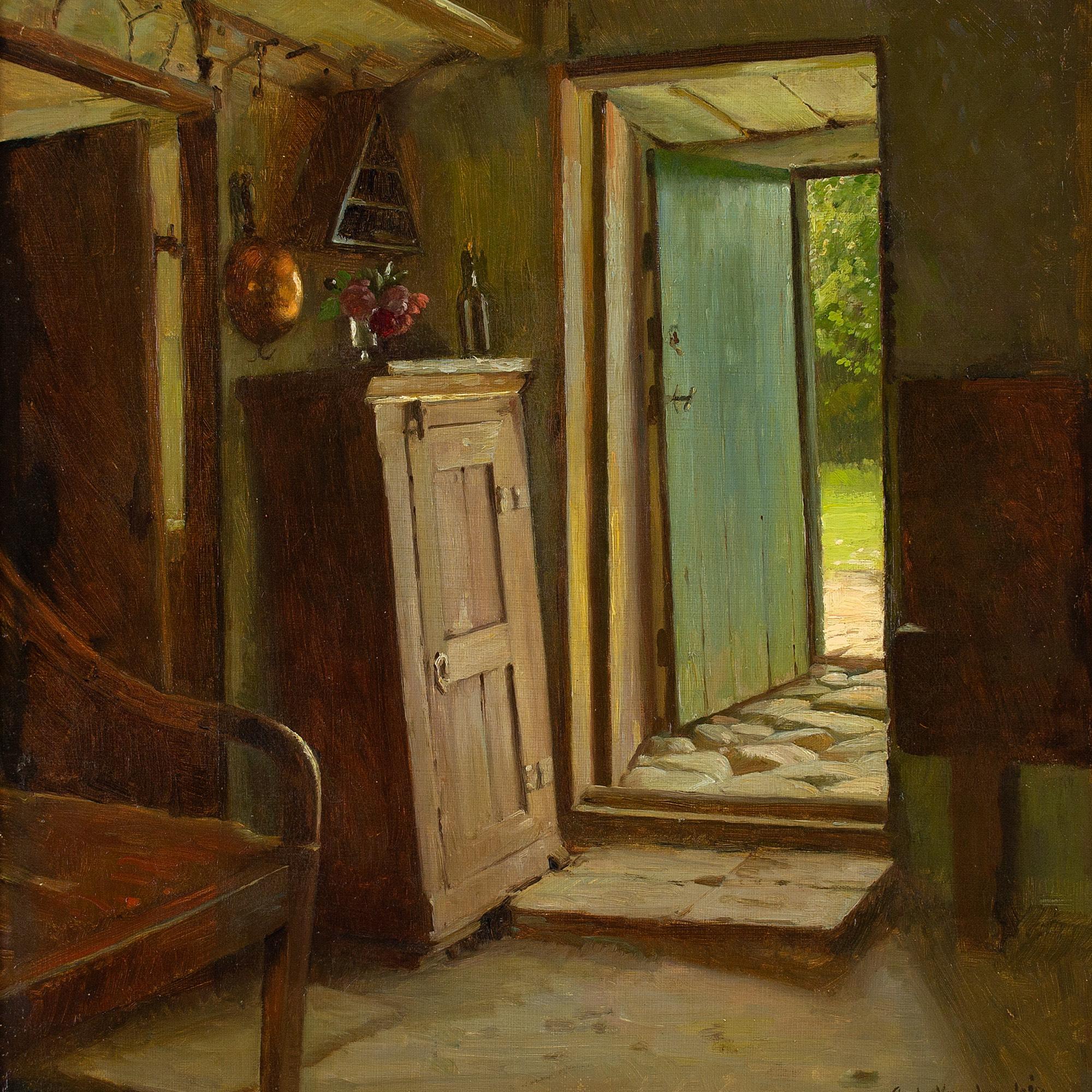 Gustav Vermehren, Cottage Interior With Open Door, Antique Oil Painting 3