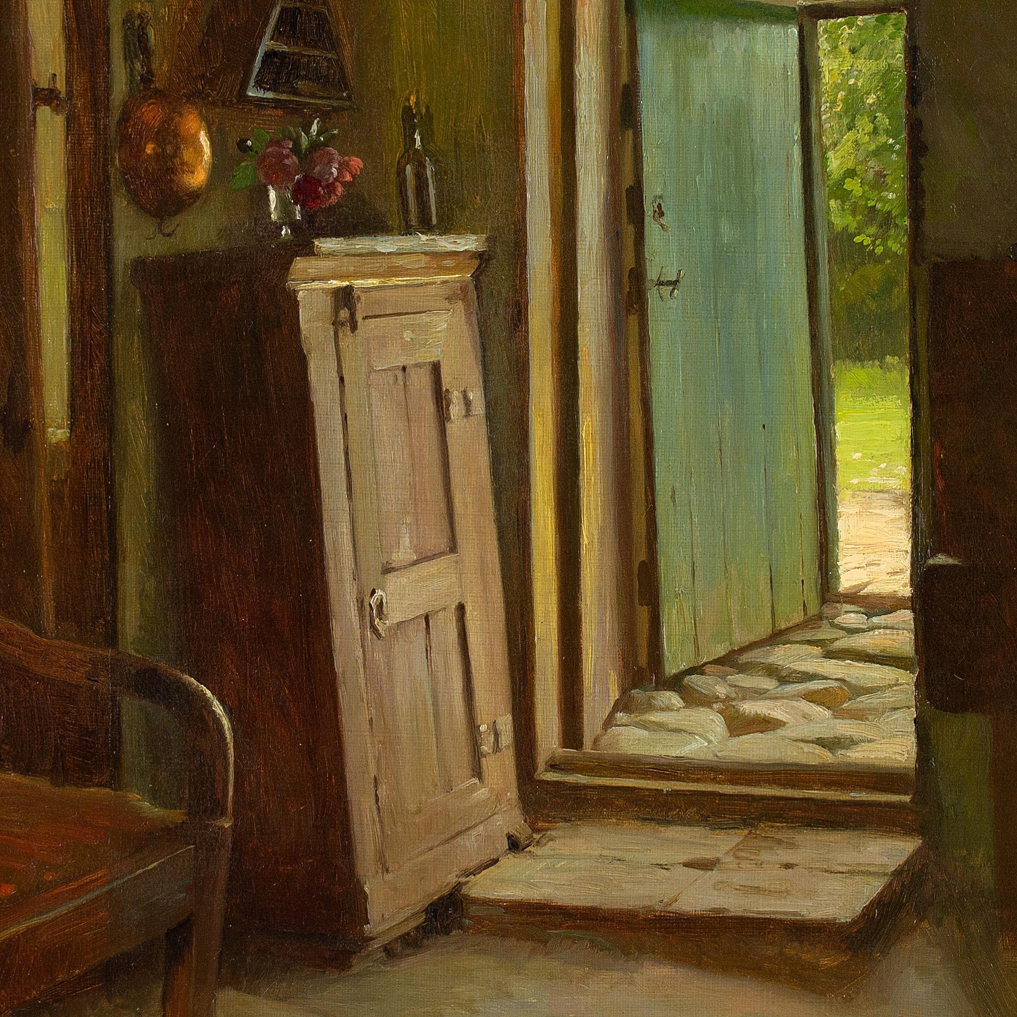 Gustav Vermehren, Cottage Interior With Open Door, Antique Oil Painting 4
