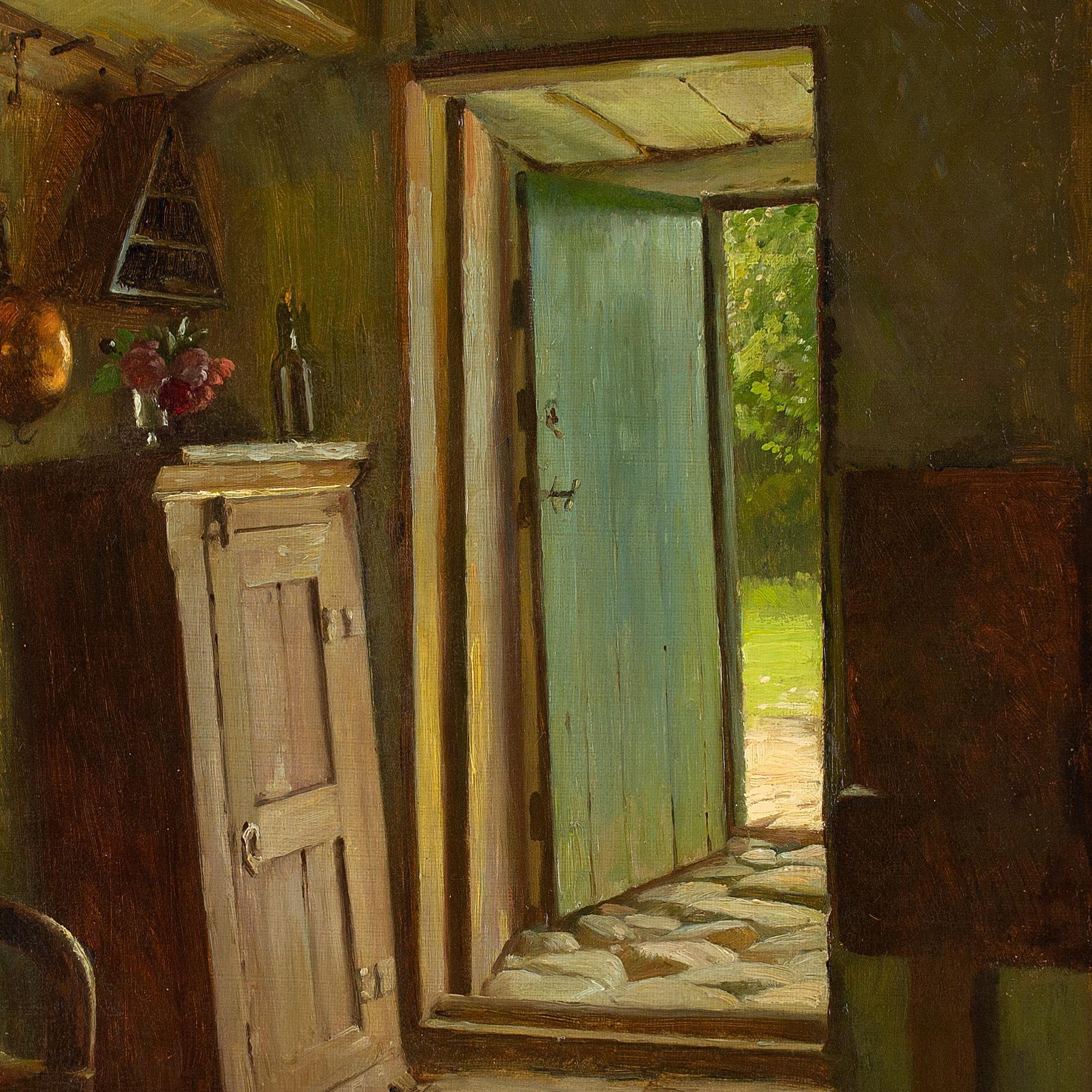 Gustav Vermehren, Cottage Interior With Open Door, Antique Oil Painting 5