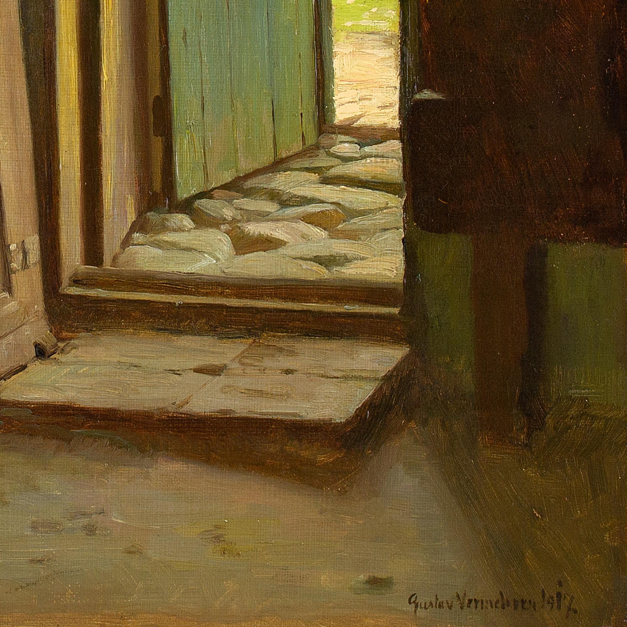 Gustav Vermehren, Cottage Interior With Open Door, Antique Oil Painting 6