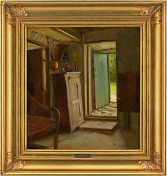Gustav Vermehren, Cottage Interior With Open Door, Antique Oil Painting
