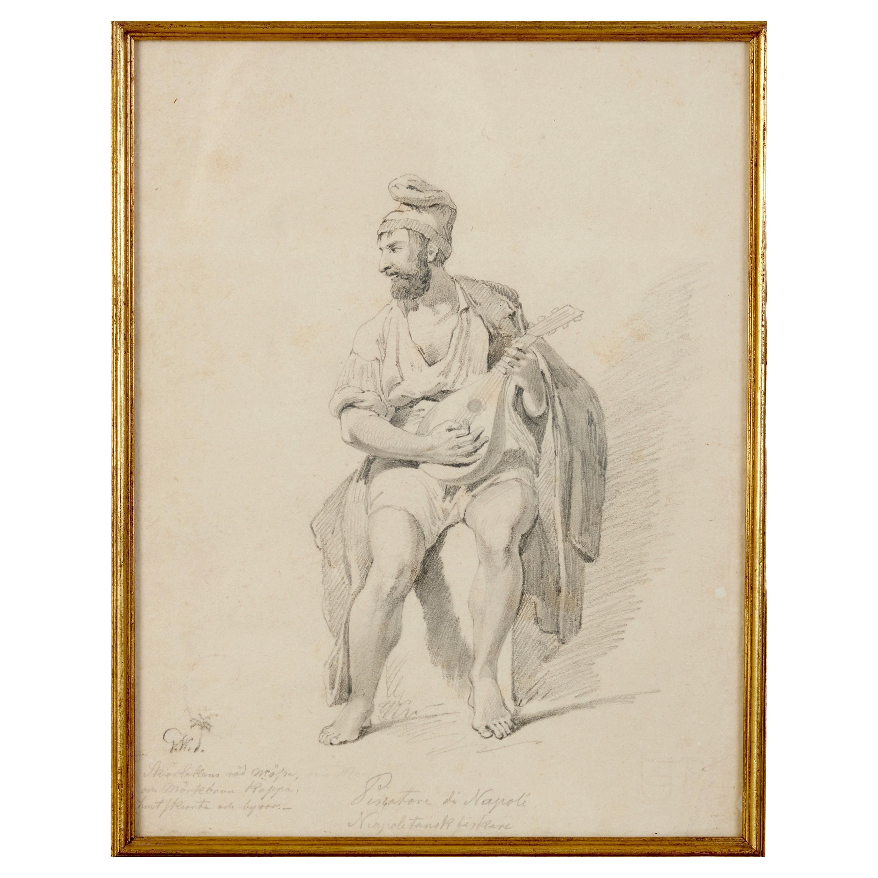 Gustav Wilhelm Palm, Pencil Drawing of a Neapolitan Fisherman Playing His Lute