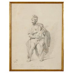 Antique Gustav Wilhelm Palm, Pencil Drawing of a Neapolitan Fisherman Playing His Lute