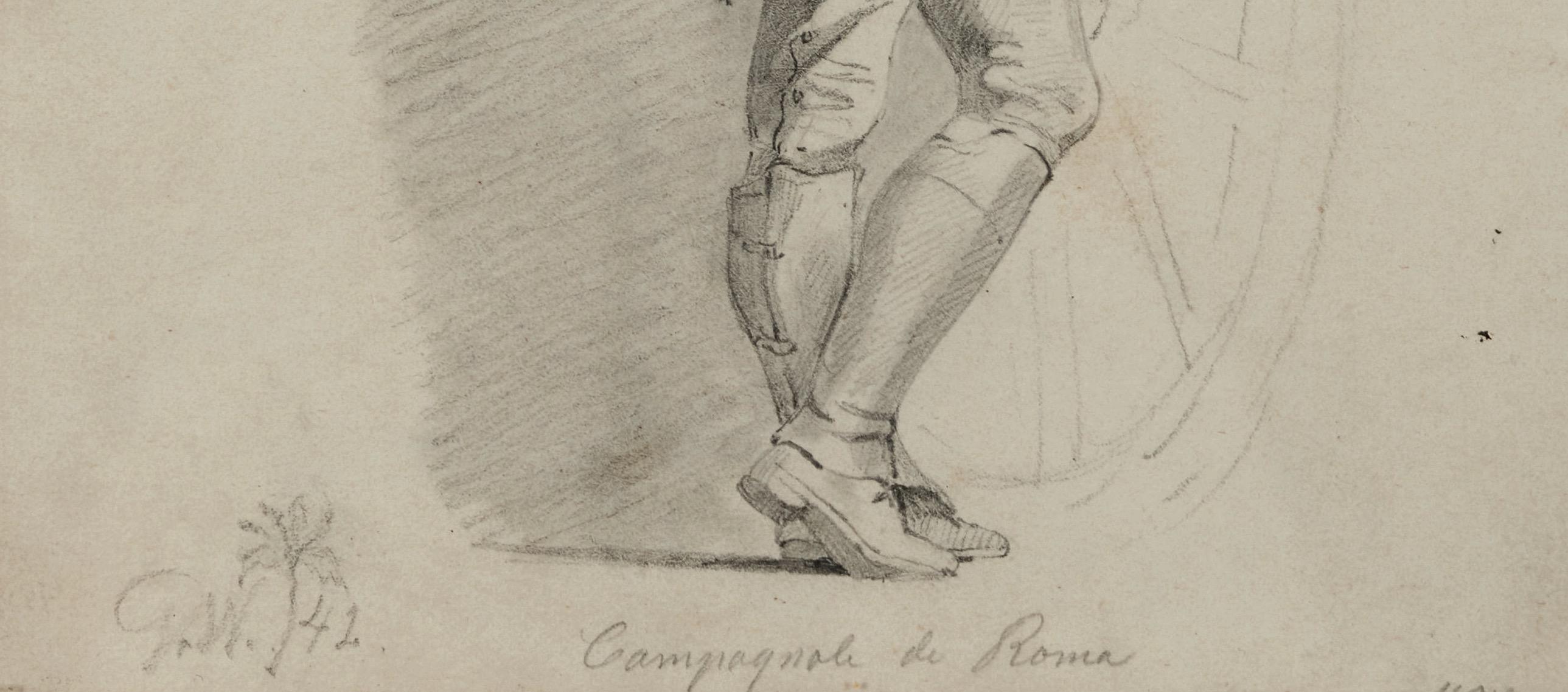 Swedish Gustav Wilhelm Palm, Pencil Drawing of a Roman Peasant Smoking a Pipe