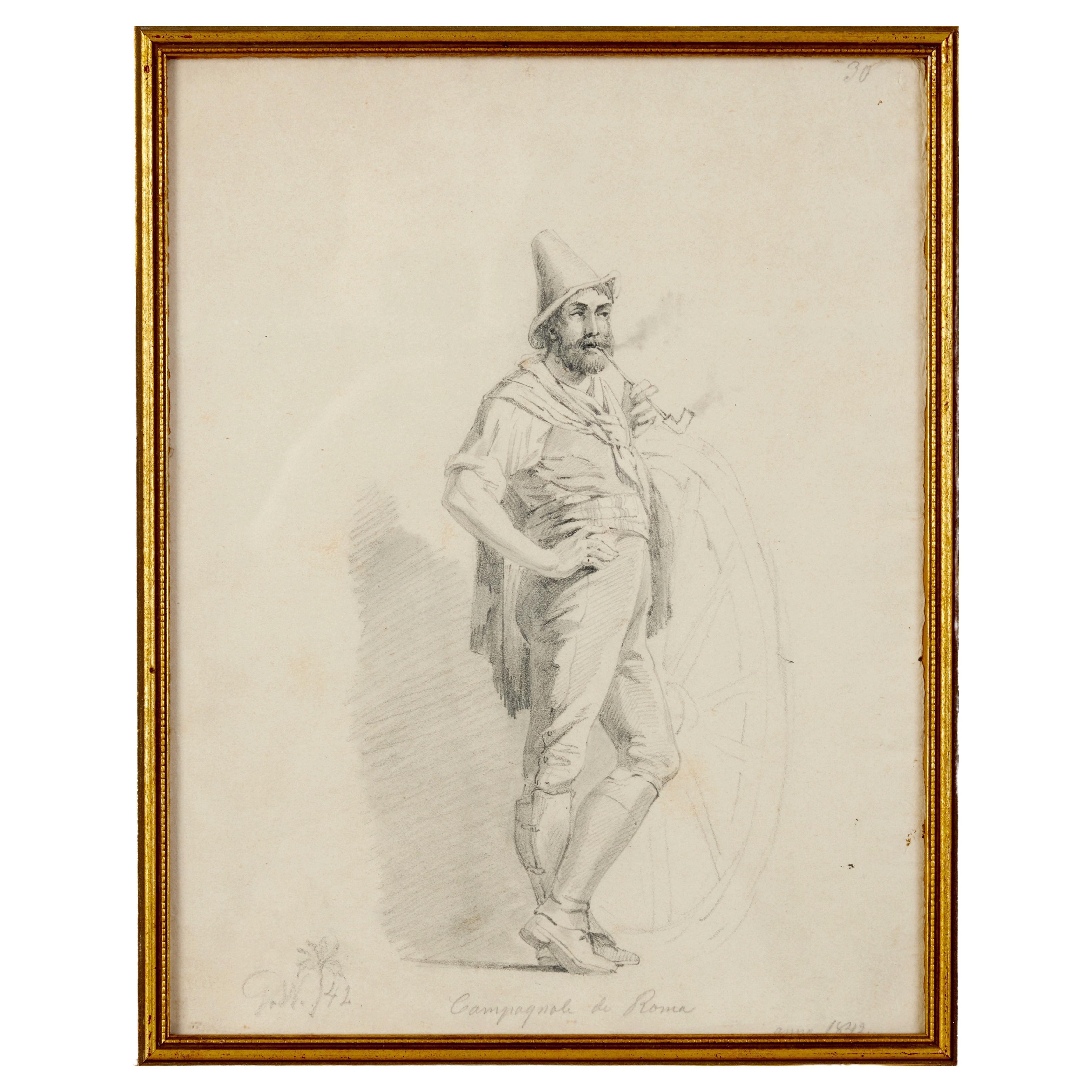 Gustav Wilhelm Palm, Pencil Drawing of a Roman Peasant Smoking a Pipe