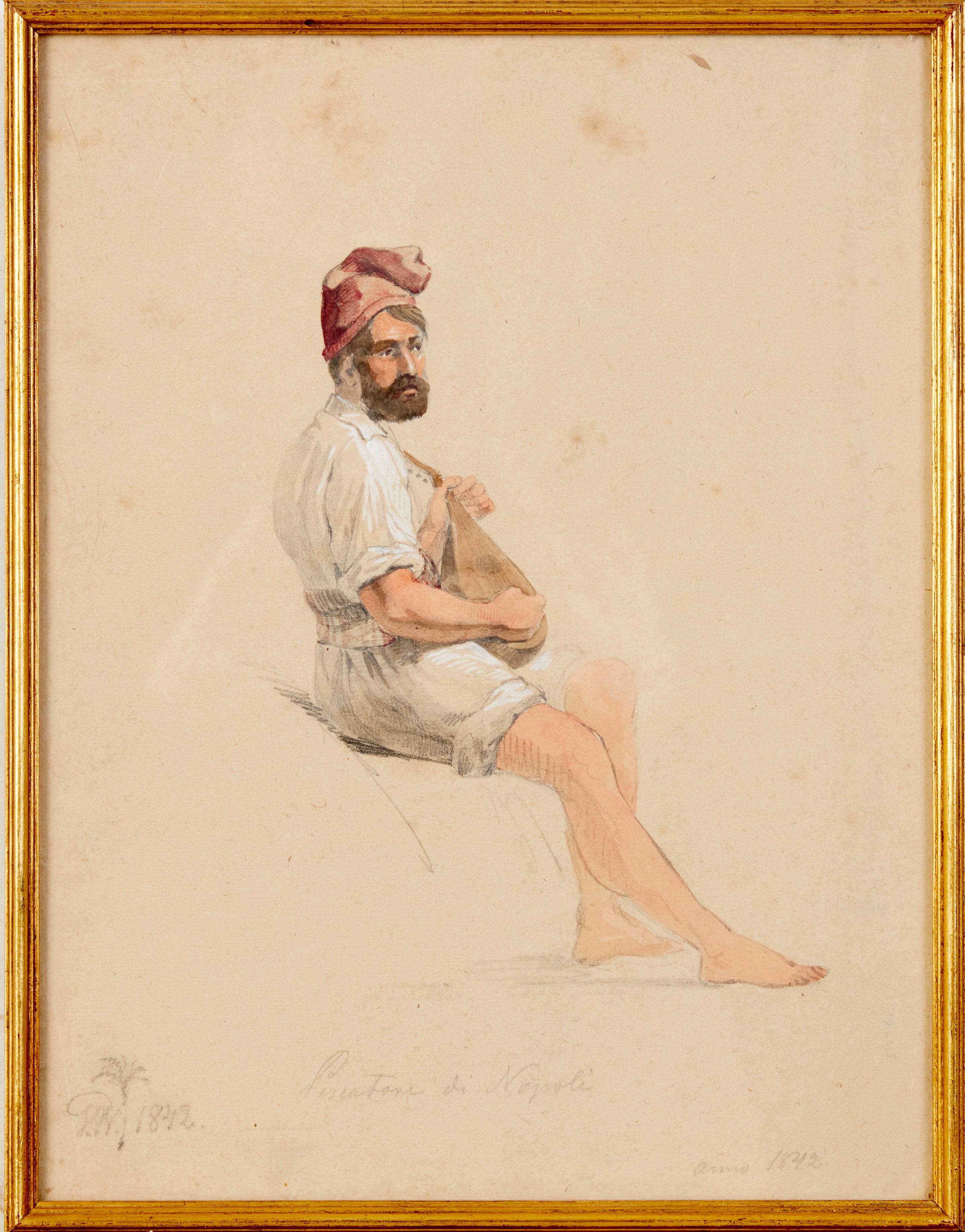 A fine watercolor of a Neapolitan fisherman playing on his lute by Gustav Wilhelm Palm (1810-1890). Signed and dated 1842. On the bottom center written 