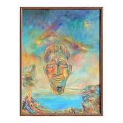 Modern Blue and Yellow Toned Abstract Figurative Landscape Painting