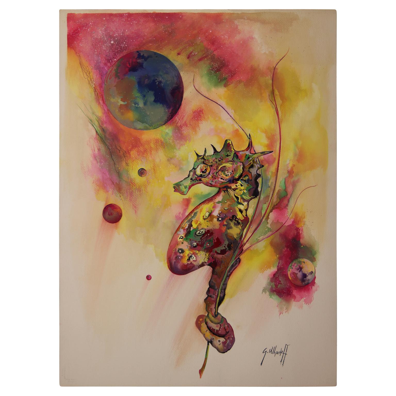 Gustave Alhadeff Abstract Painting - Untitled Seahorse Abstract Space Watercolor Painting