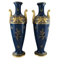 Antique Gustave Asch, a Pair of Colossal Floor Vases in Sevres Blue Glaze