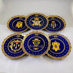 Gustave Asch French Tours Blue & Gold Porcelain Crest Plates, Set of Six