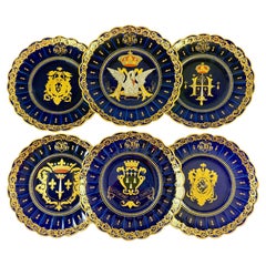 Gustave Asch French Tours Blue & Gold Porcelain Crest Plates, Set of Six