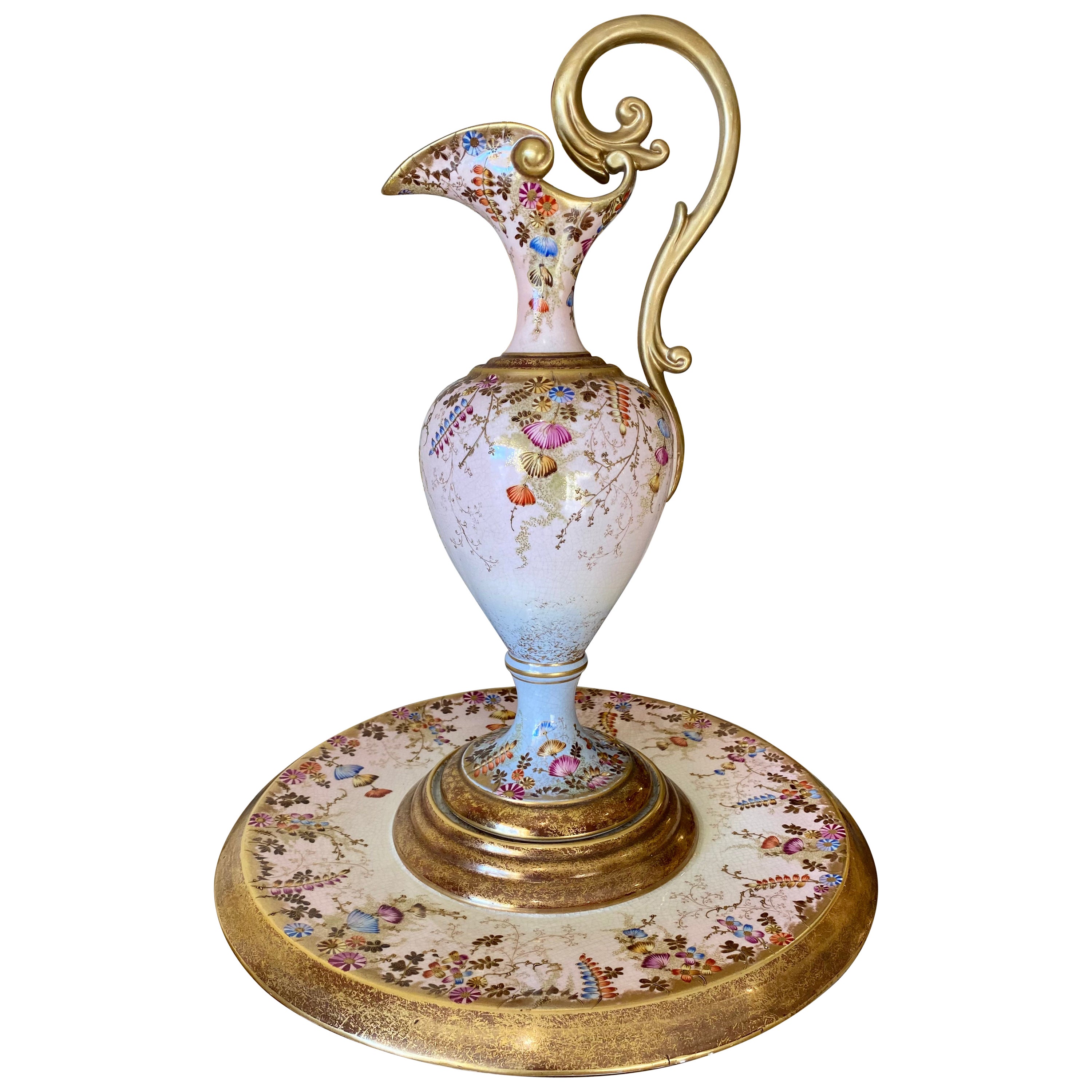 Gustave Asch, Sainte Radegonde, grande aiguière en porcelaine avec plat, 19ème siècle en vente