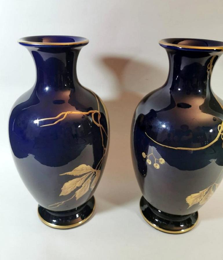 Enameled Gustave Asch Sainte Radegonde Pair of Blue Glazed Terracotta Vases For Sale