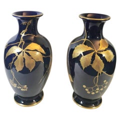 Gustave Asch Sainte Radegonde Pair of Blue Glazed Terracotta Vases