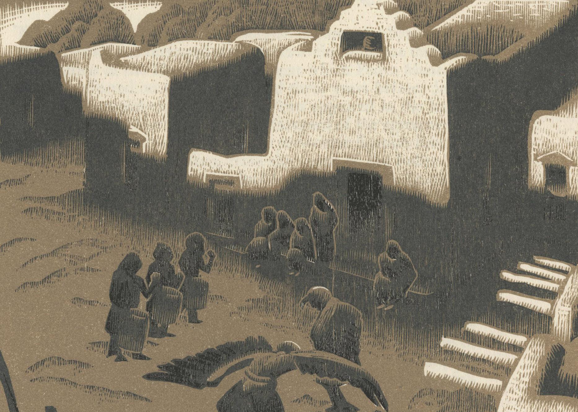 Eine Adler-Zeremonie im Tesuque Pueblo
Holzschnitt in zwei Farben gedruckt, 1932
Wie üblich unsigniert; in der Platte unten links paraphiert (siehe Foto)
Wie von Elmer Adler veröffentlicht in 