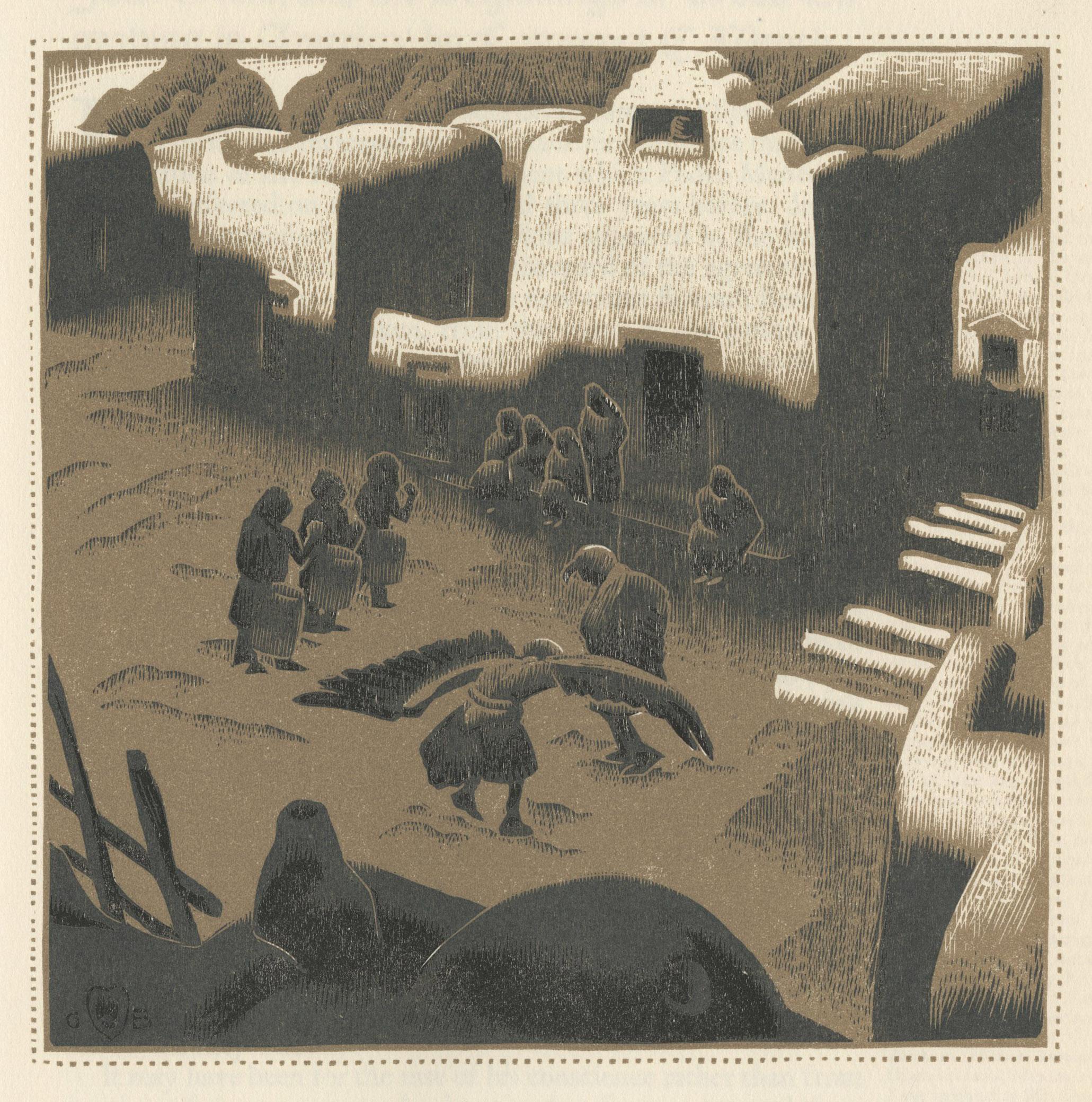 Landscape Print Gustave Baumann - Une cérémonie d'aigle au Tesuque Pueblo