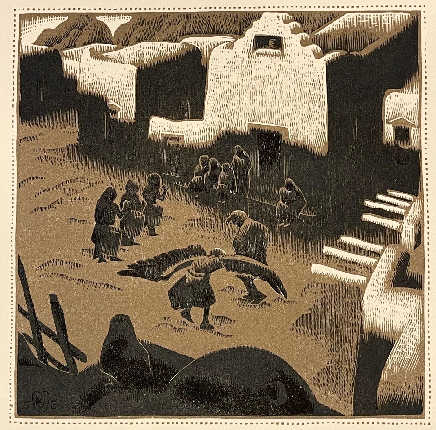 Gustave Baumann Figurative Print - AN EAGLE CEREMONY AT TESUQUE PUEBLO