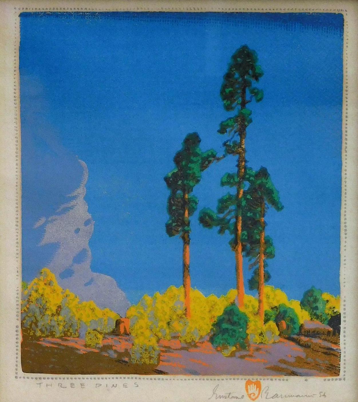 Gustave Baumann Color Woodblock - Three Pines For Sale 1