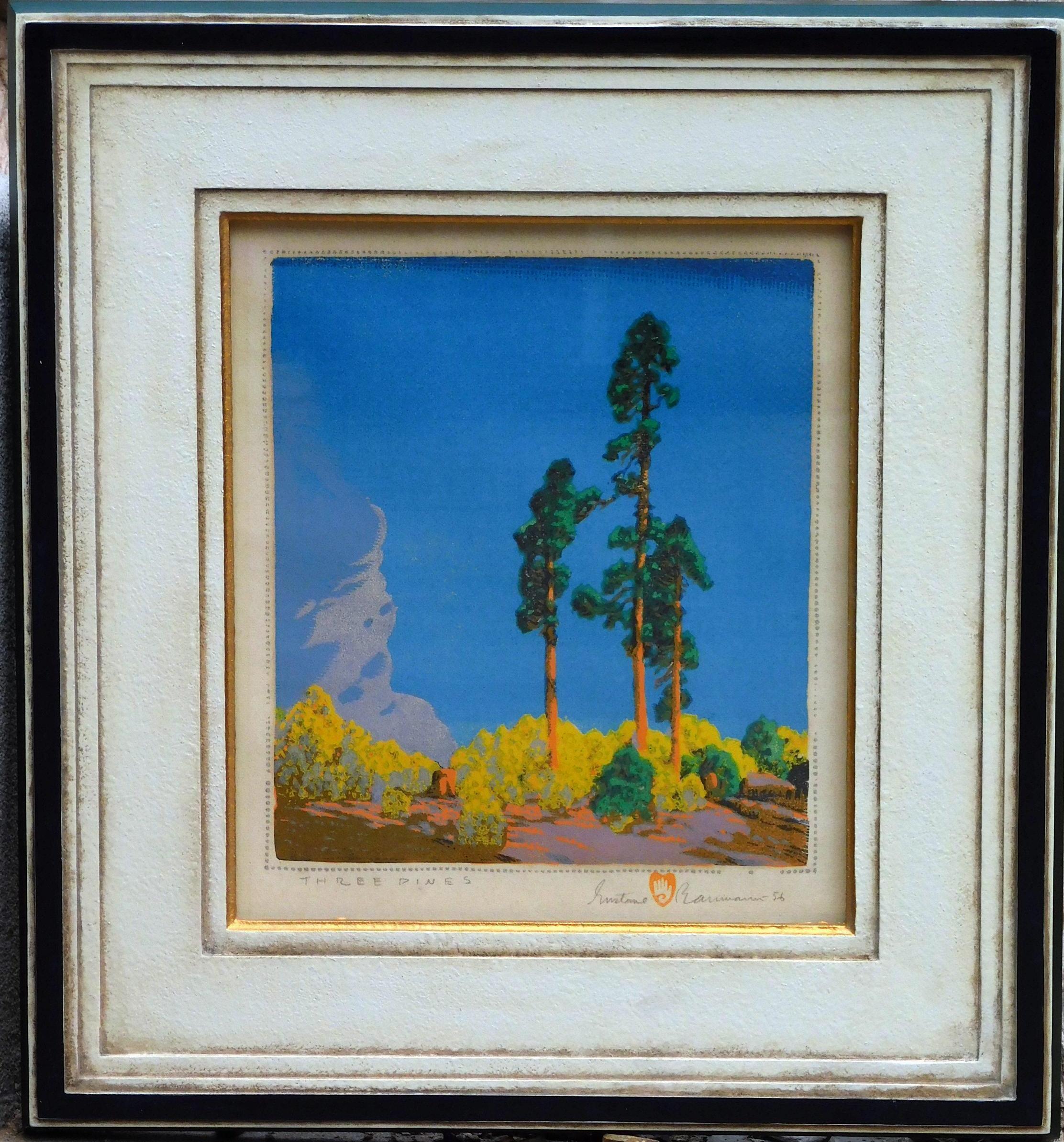 “Three Pines” by well-known woodblock artist Gustave Baumann (1881-1971).
The medium is color woodblock. It's a beautiful print in excellent condition.
Baumann's personal Hand and Heart stamp is seen lower right with his pencil signature. 
The date