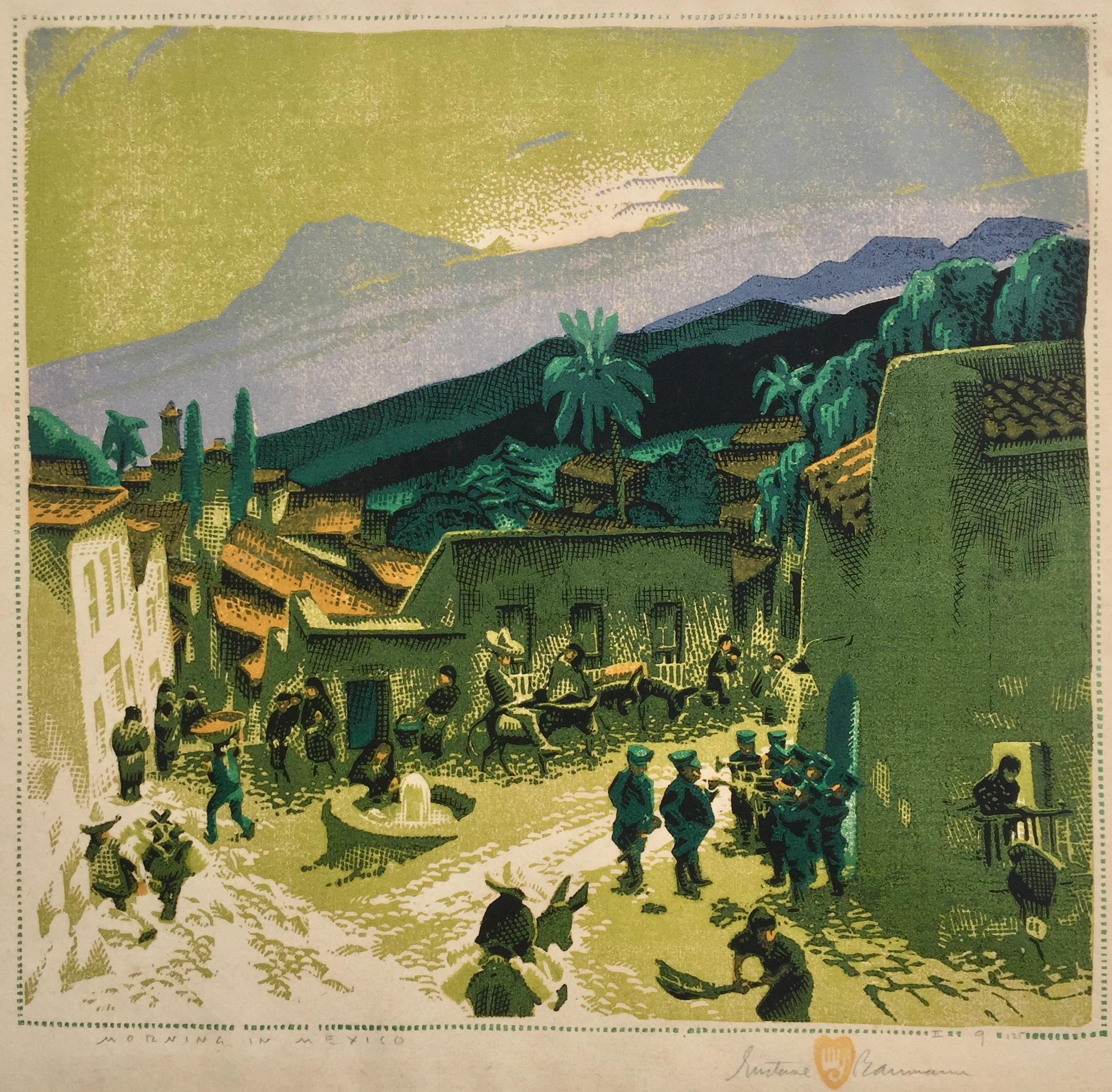 GUSTAVE BAUMANN (1881 -1971)

MORNING IN MEXICO 1934-36 (Chamberlain 143)
Color woodcut, 2nd version after Baumann discarded the first blocks. This version 1936.
POSSIBLY AN UNIQUE VARIANT IMPRESSION. DIFFERS FORM THE IMAGE IN THE CATALOG RAISONNE.