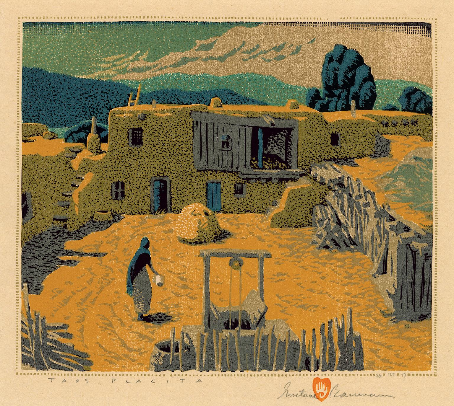 Gustave Baumann Landscape Print – Taos Placita" - Südwest-Regionalismus der 1940er Jahre