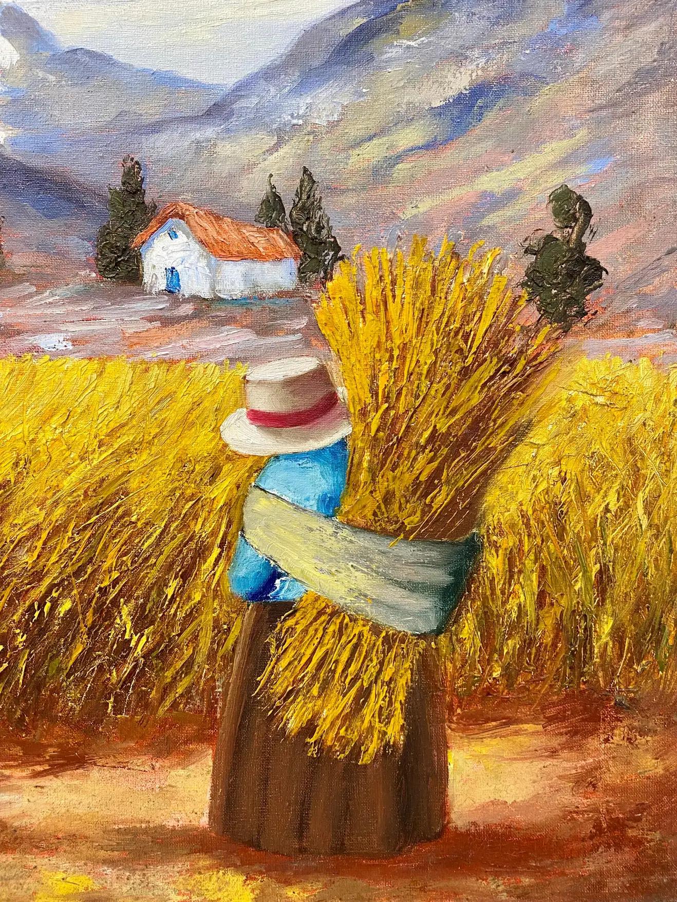 A Farmerette on a Wheat Field Landscape Painting, Framed and Signed  For Sale 1