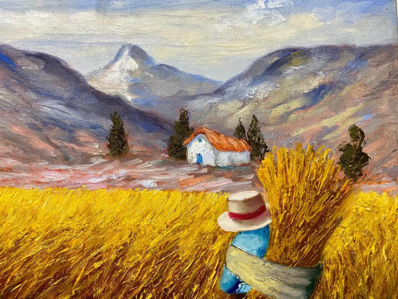 A Farmerette on a Wheat Field Landscape Painting, Framed and Signed  For Sale 2