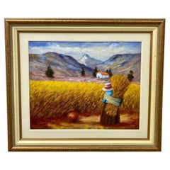 A Farmerette on a Wheat Field Landscape Painting, Framed and Signed 