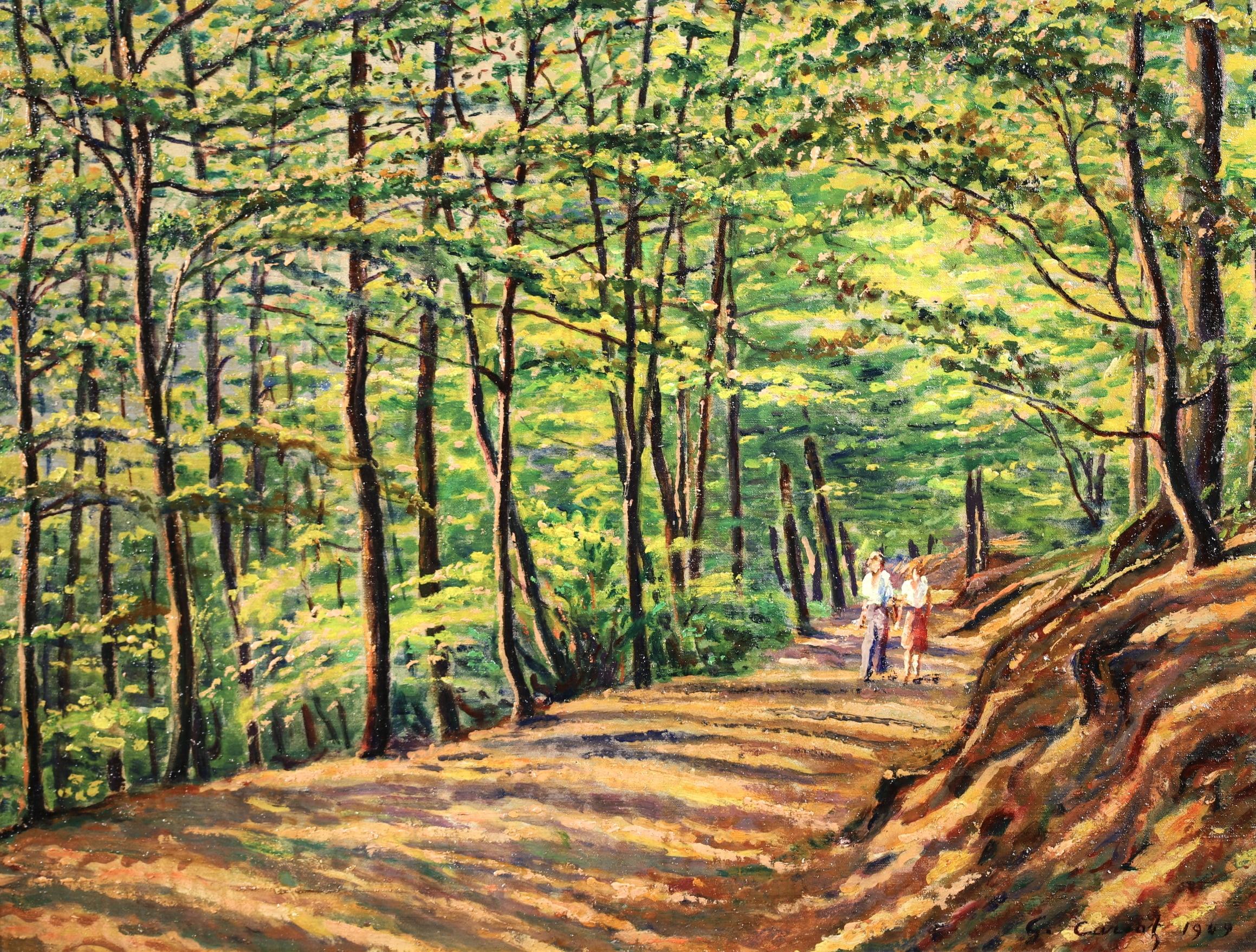 Un paseo por el bosque - Paisaje postimpresionista Óleo de Gustave Cariot - Painting de Gustave Camille Gaston Cariot