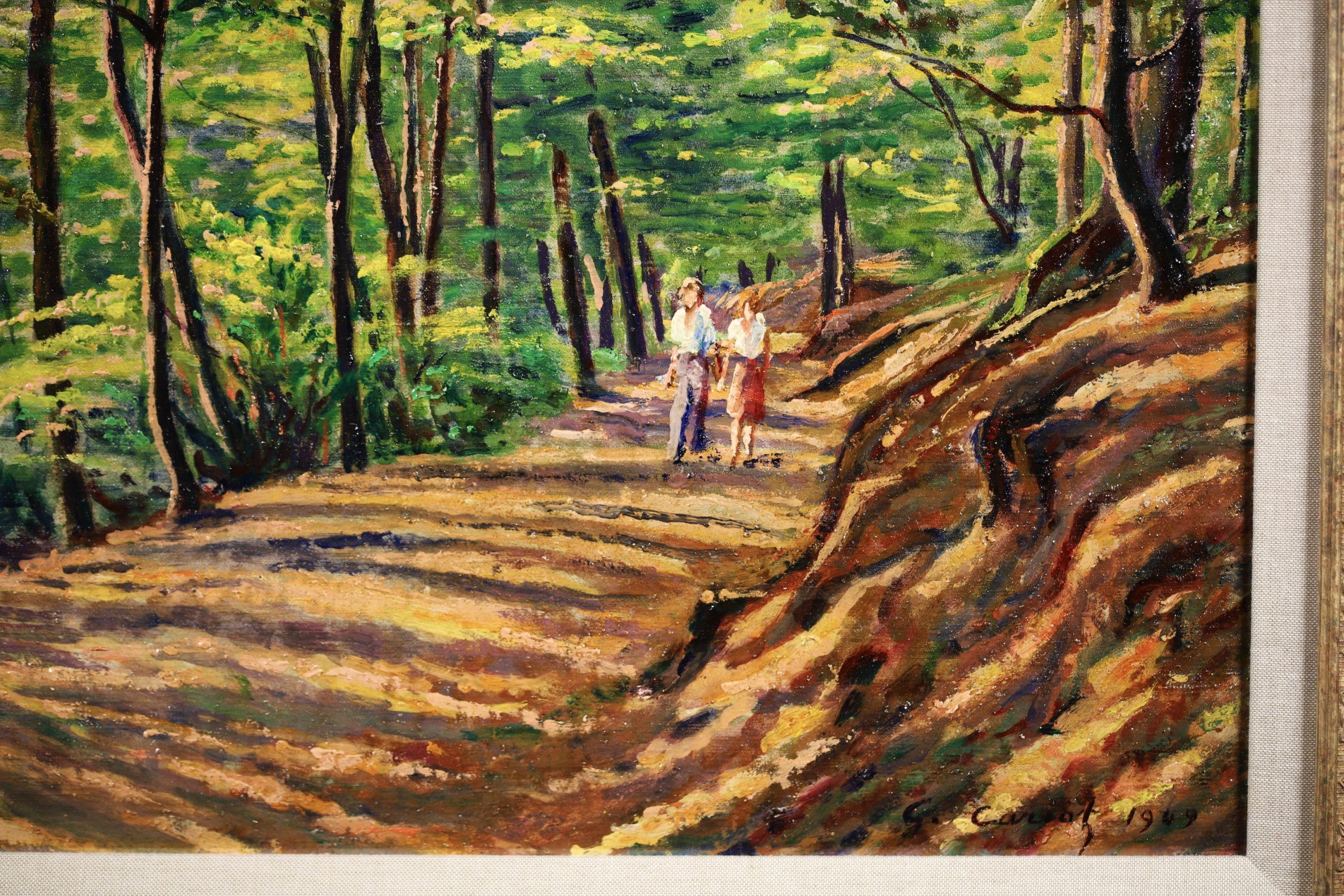 Figuras al óleo sobre tabla en paisaje, firmadas y fechadas, del pintor postimpresionista francés Gustave Cariot. La obra está ambientada en Wiesbaden (Alemania) y muestra una impresionante vista del río Rin que atraviesa el Valle del Rin en