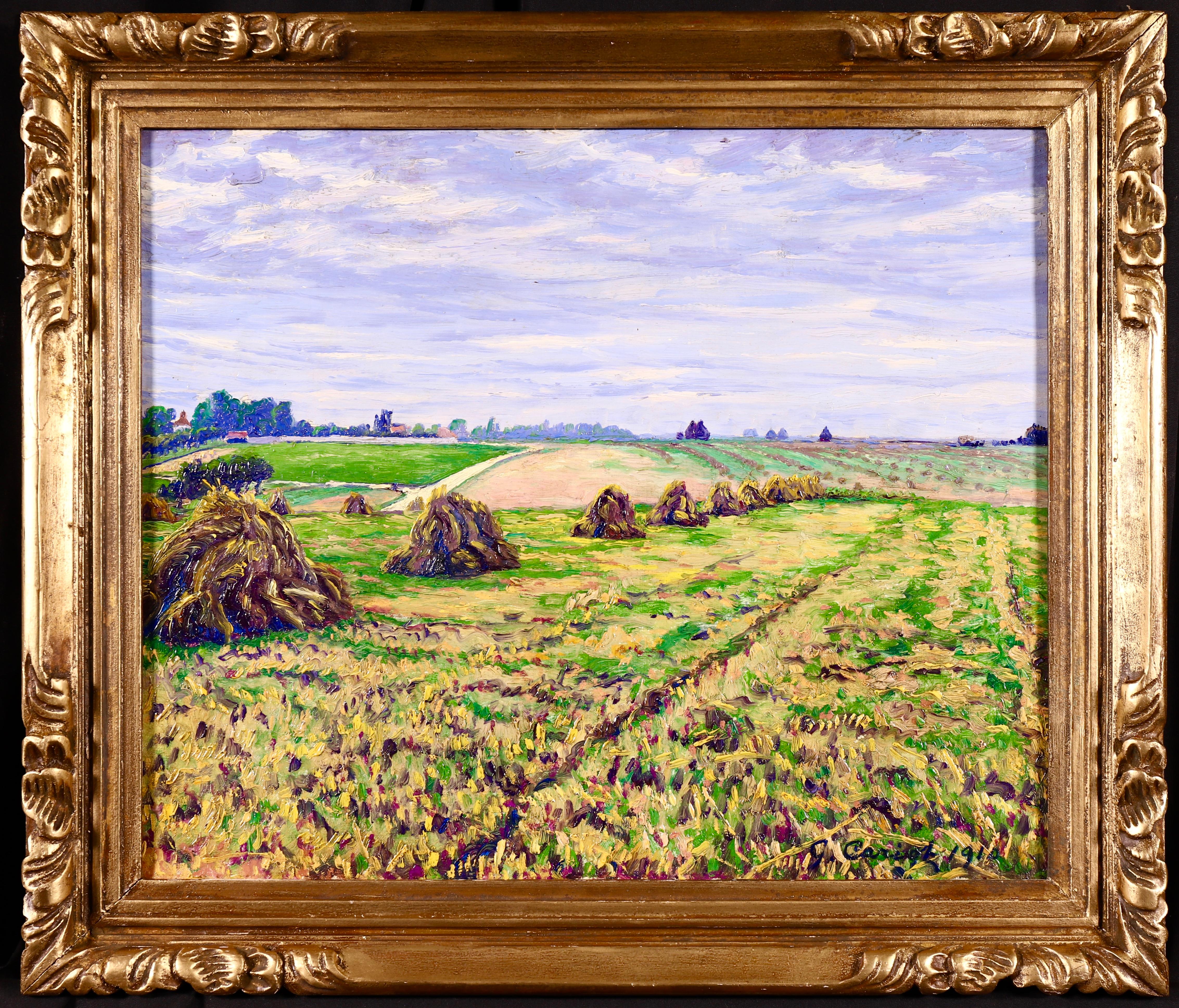 Gustave Camille Gaston Cariot Landscape Painting – Haystacks - Postimpressionistisches Ölgemälde:: Landschaft von Gustave Cariot:: 20. Jahrhundert