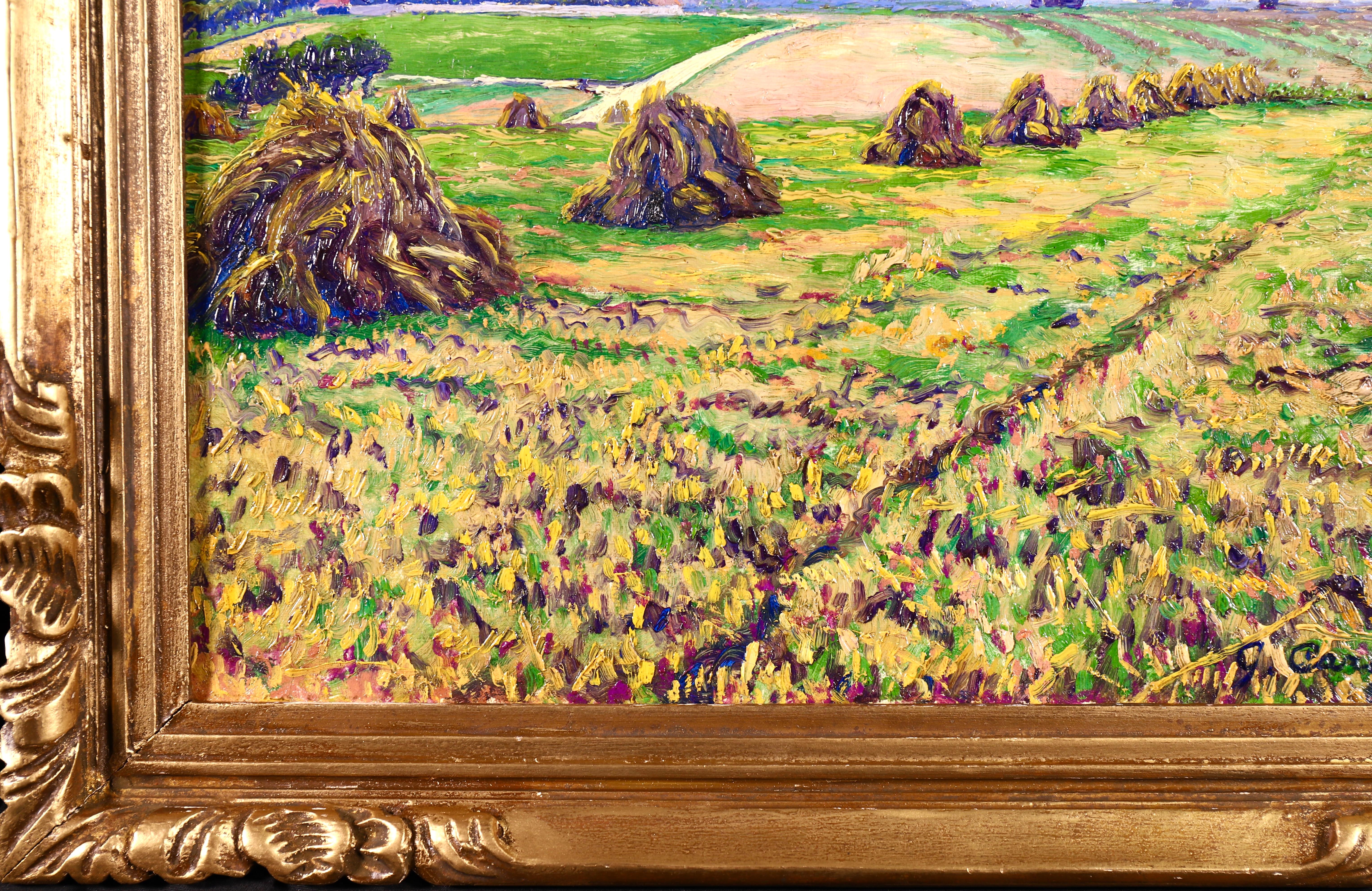 Haystacks - Postimpressionistisches Ölgemälde:: Landschaft von Gustave Cariot:: 20. Jahrhundert (Grau), Landscape Painting, von Gustave Camille Gaston Cariot