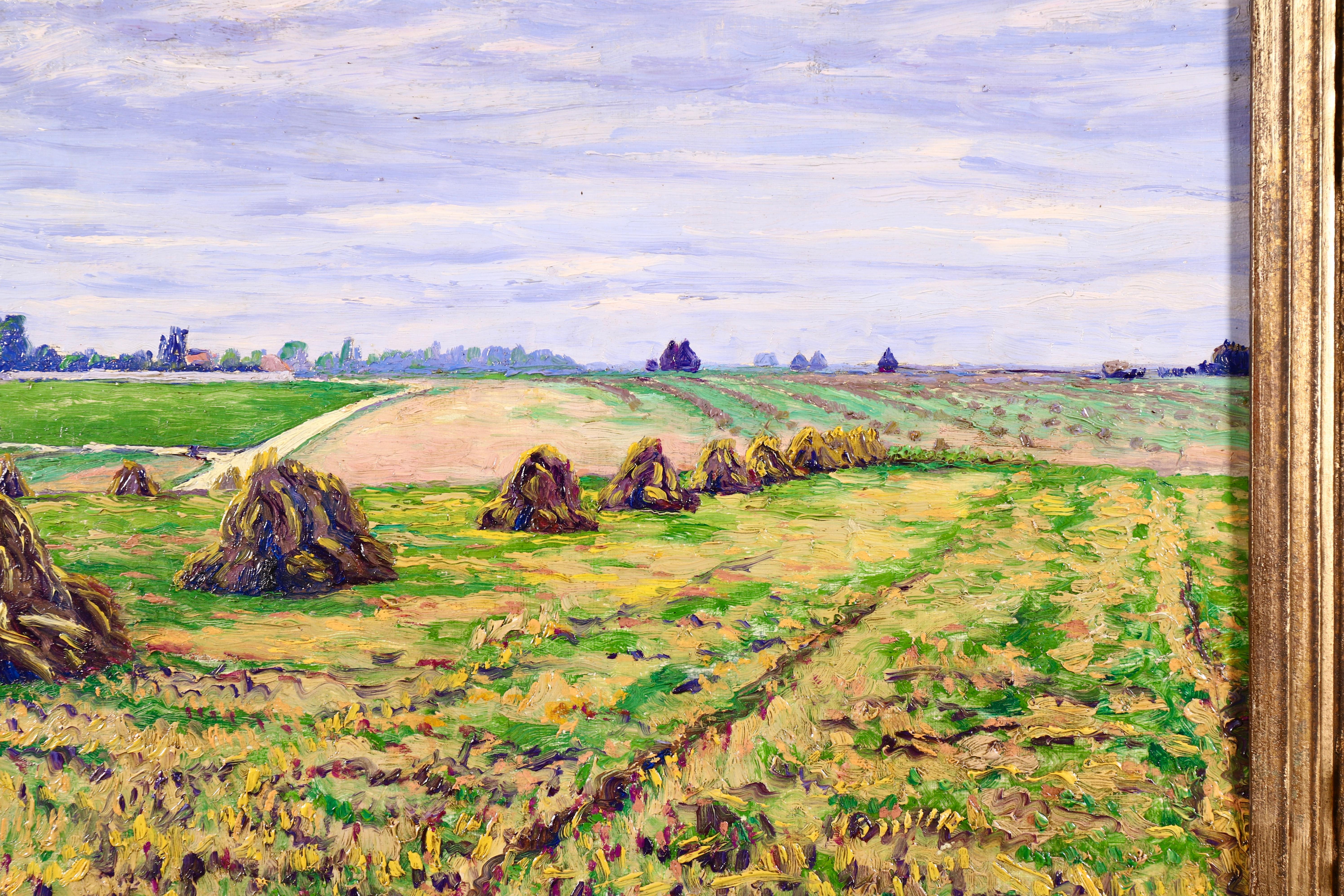 Haystacks - 20th Century Post Impressionist Oil, Landscape by Gustave Cariot - Post-Impressionist Painting by Gustave Camille Gaston Cariot