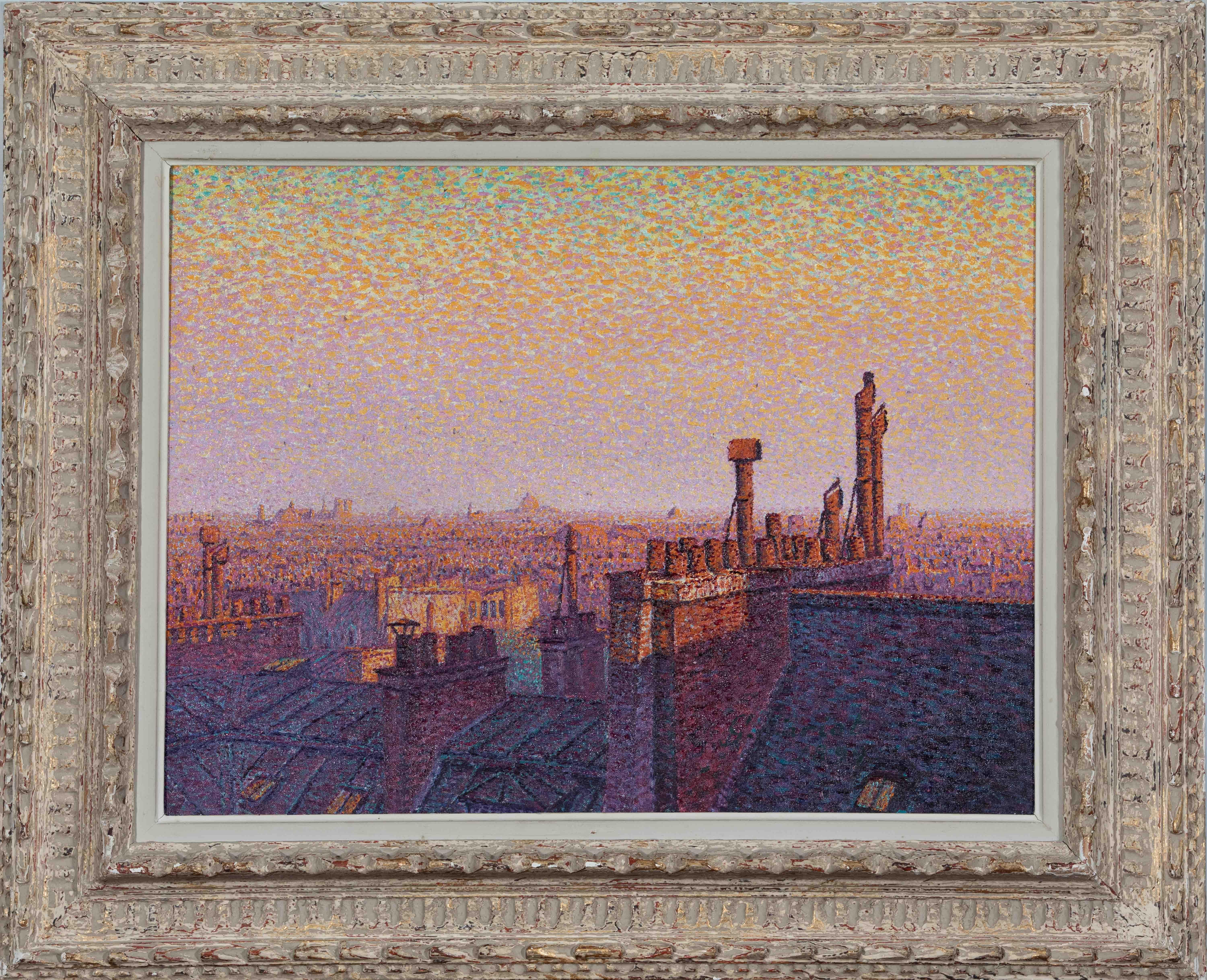 Les toits de Paris, coucher de soleil von Gustave Cariot – Ansichten aus Paris  – Painting von Gustave Camille Gaston Cariot