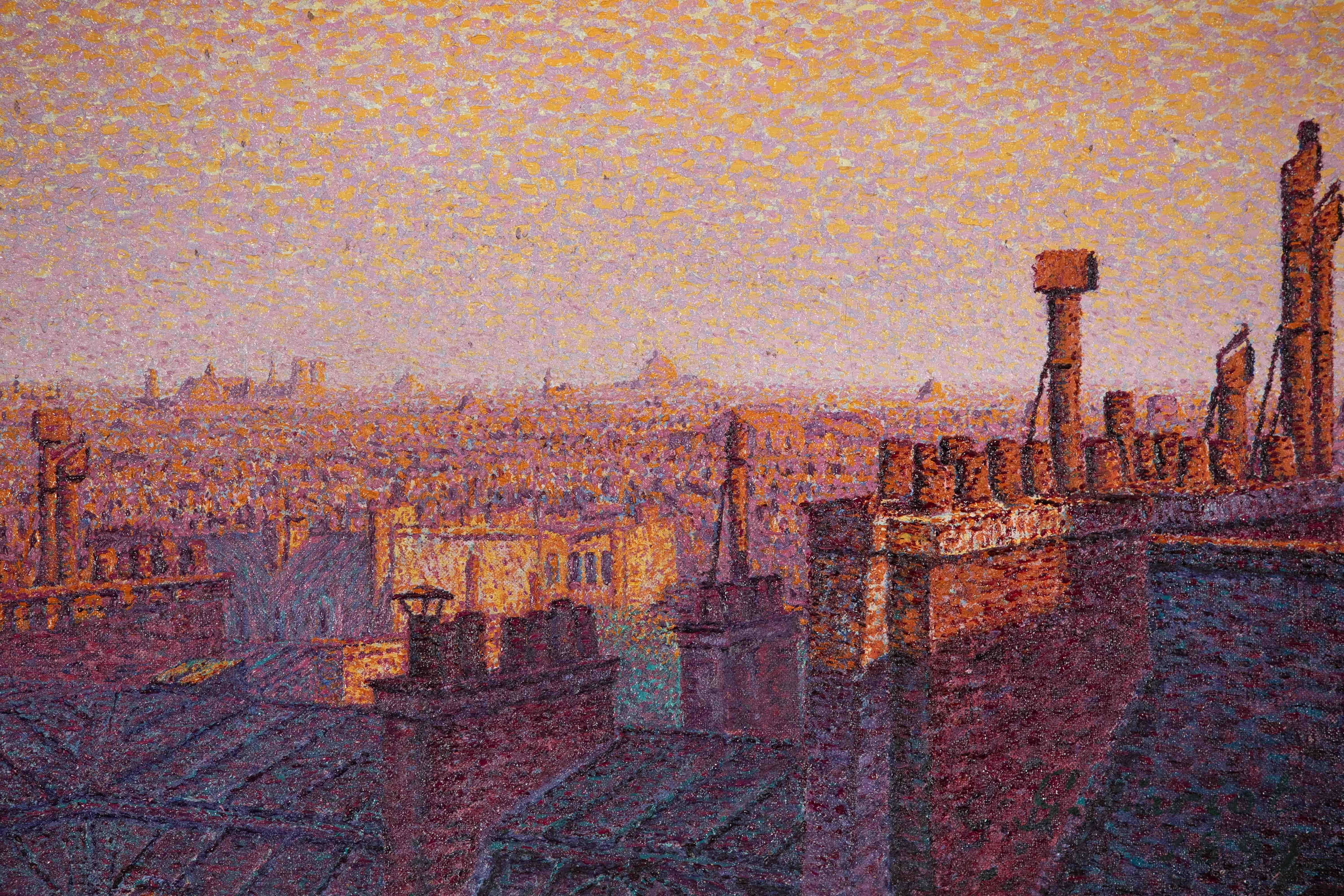 Les toits de Paris, coucher de soleil von Gustave Cariot – Ansichten aus Paris  (Pointillismus), Painting, von Gustave Camille Gaston Cariot