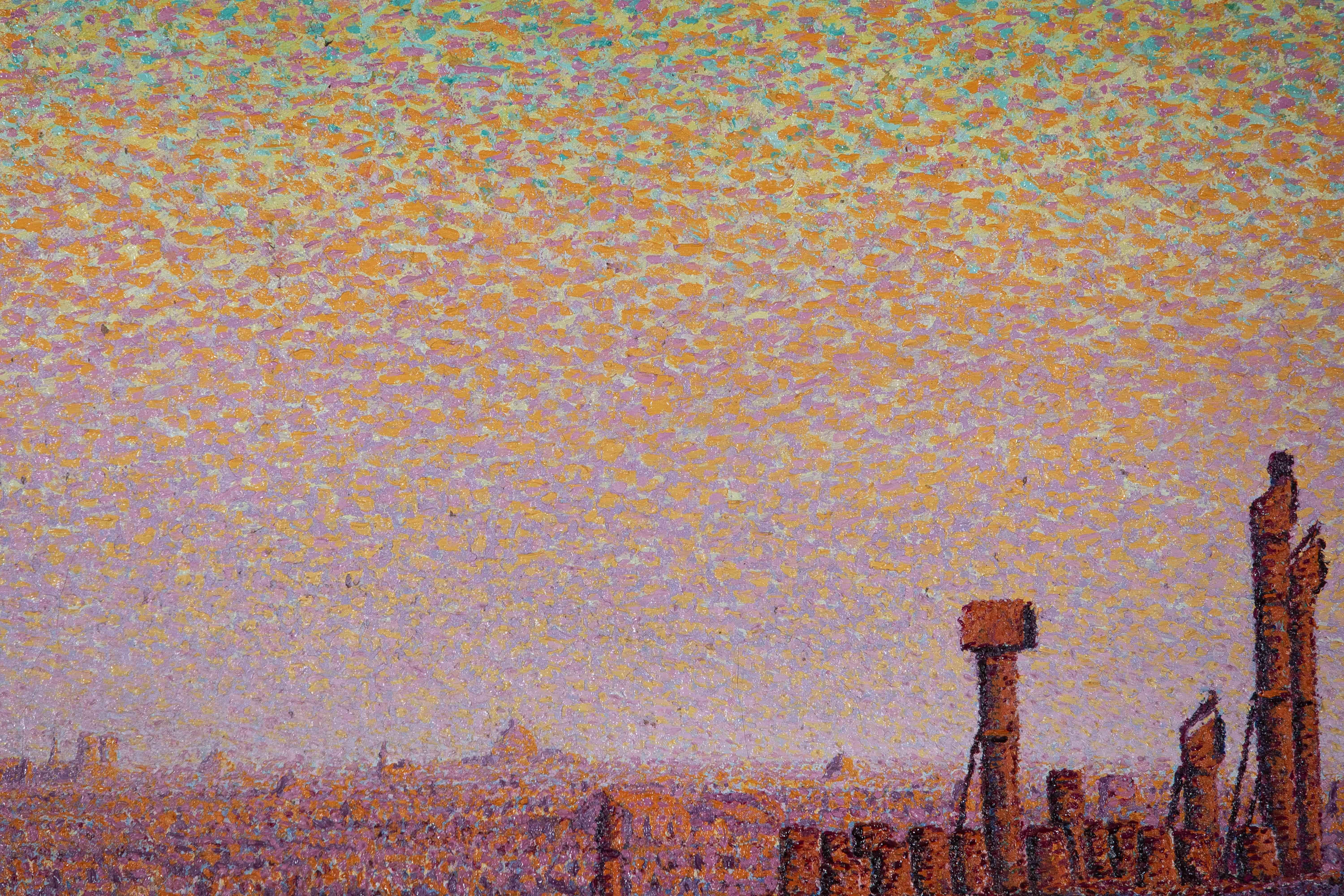 Les toits de Paris, coucher de soleil by Gustave Cariot - Parisian views  - Brown Landscape Painting by Gustave Camille Gaston Cariot