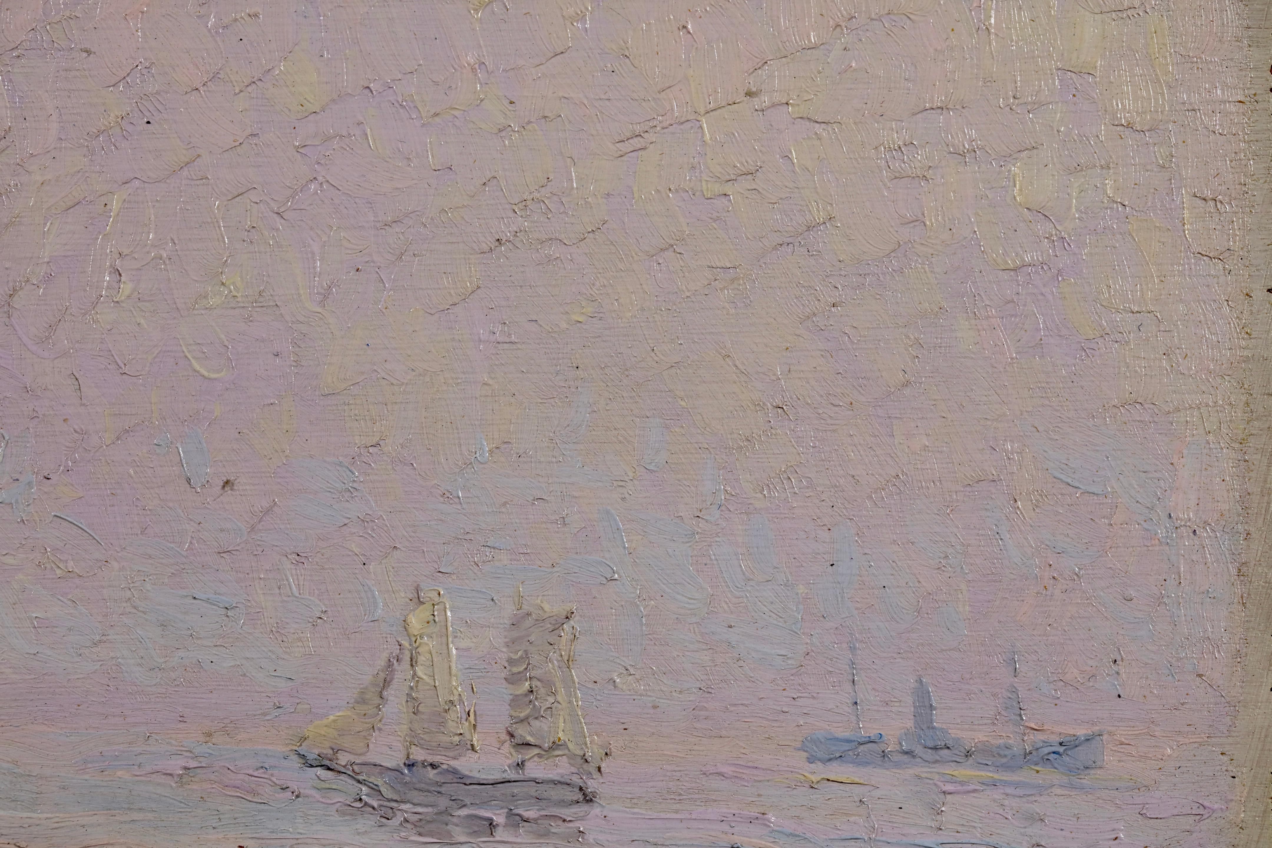 Signiertes und datiertes Ölgemälde des französischen postimpressionistischen Malers Gustave Cariot auf einer Tafel mit Meeresmotiven. Das Werk zeigt eine Ansicht von Segel- und Dampfschiffen auf dem Meer in der Bucht von Saint-Malo in der Bretagne,